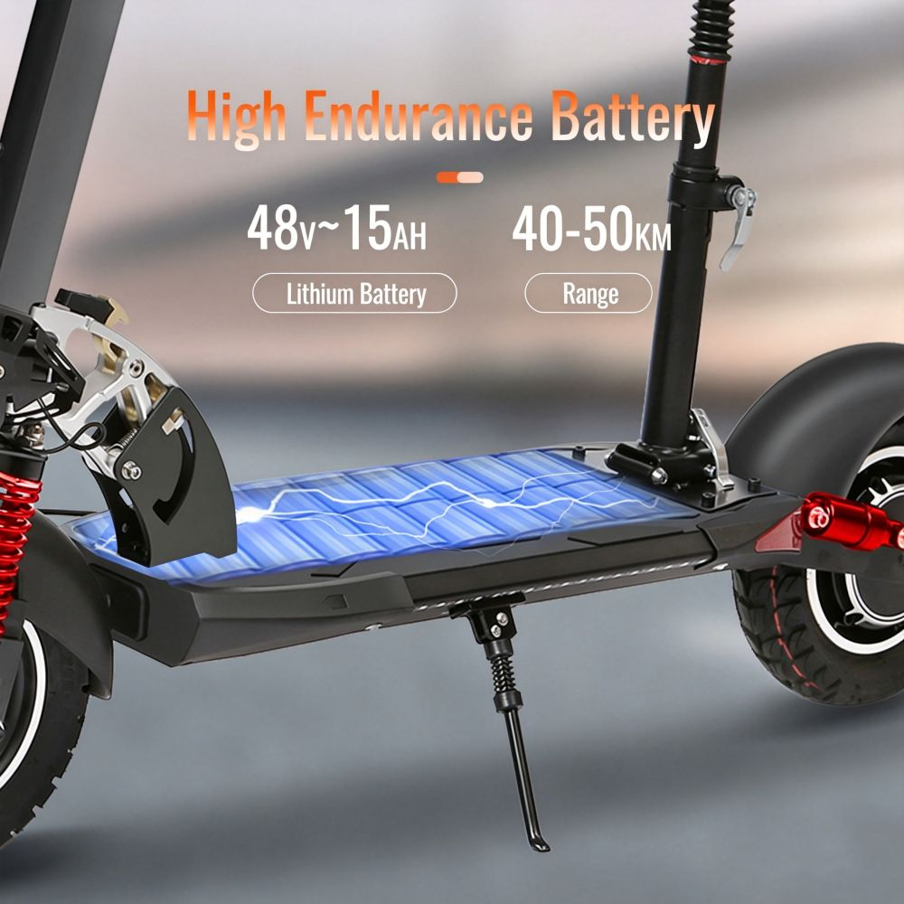 Monopattino elettrico con batteria al litio da 48V 15Ah e autonomia di 40-50 km evidenziata.
