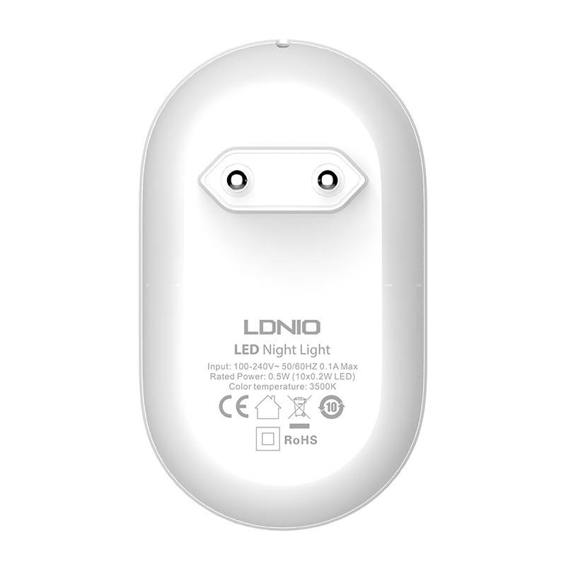 Luce notturna LED bianca LDNIO con spine e specifiche stampate.