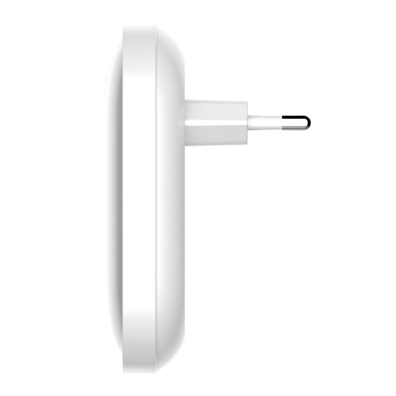 Vista laterale di un dispositivo elettronico a spina bianco con un perno su sfondo bianco.