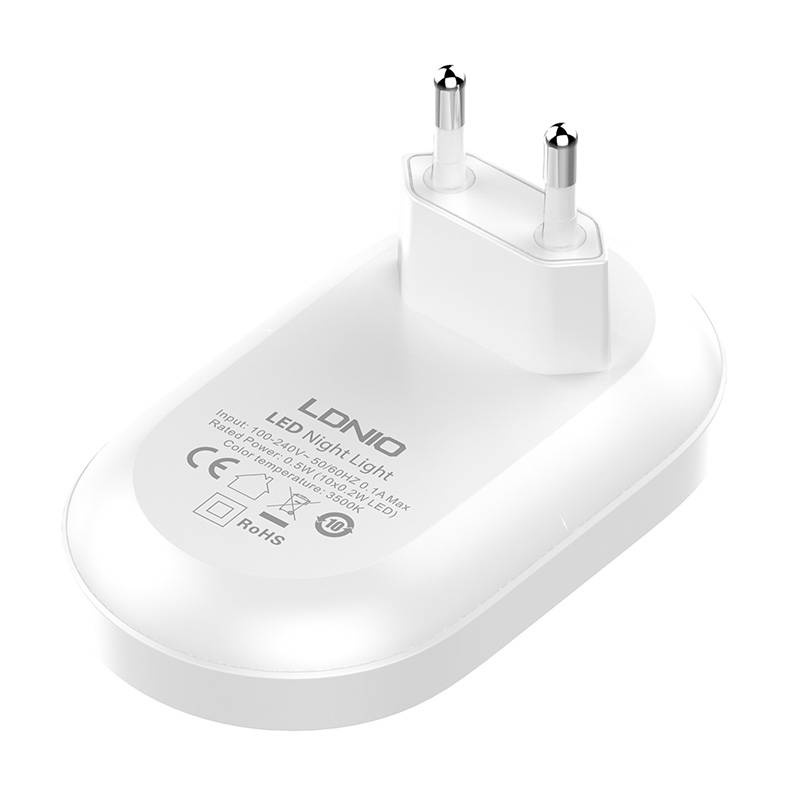 Luce notturna LED bianca LDNIO con spina europea e specifiche tecniche stampate.