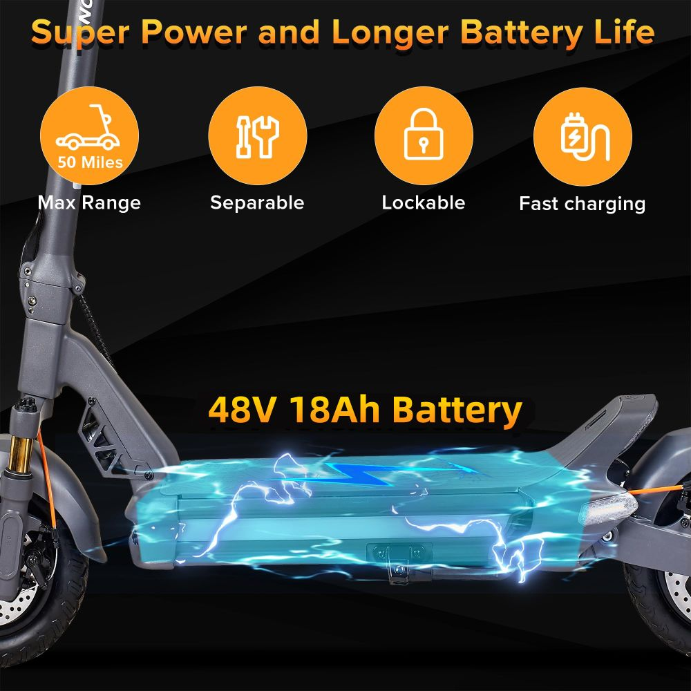 Un monopattino elettrico con batteria da 48V 18Ah evidenziata e icone su sfondo scuro.