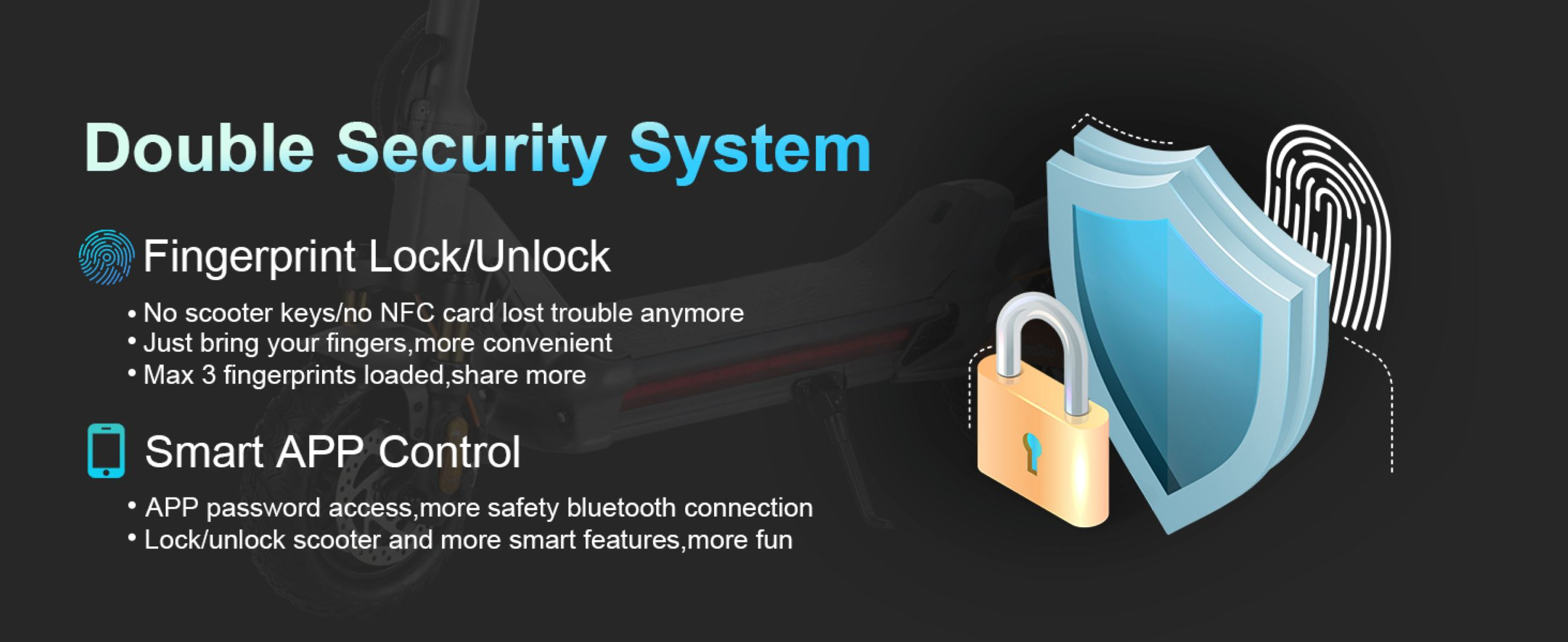 Annuncio per un doppio sistema di sicurezza per monopattino con blocco a impronta e app smart.