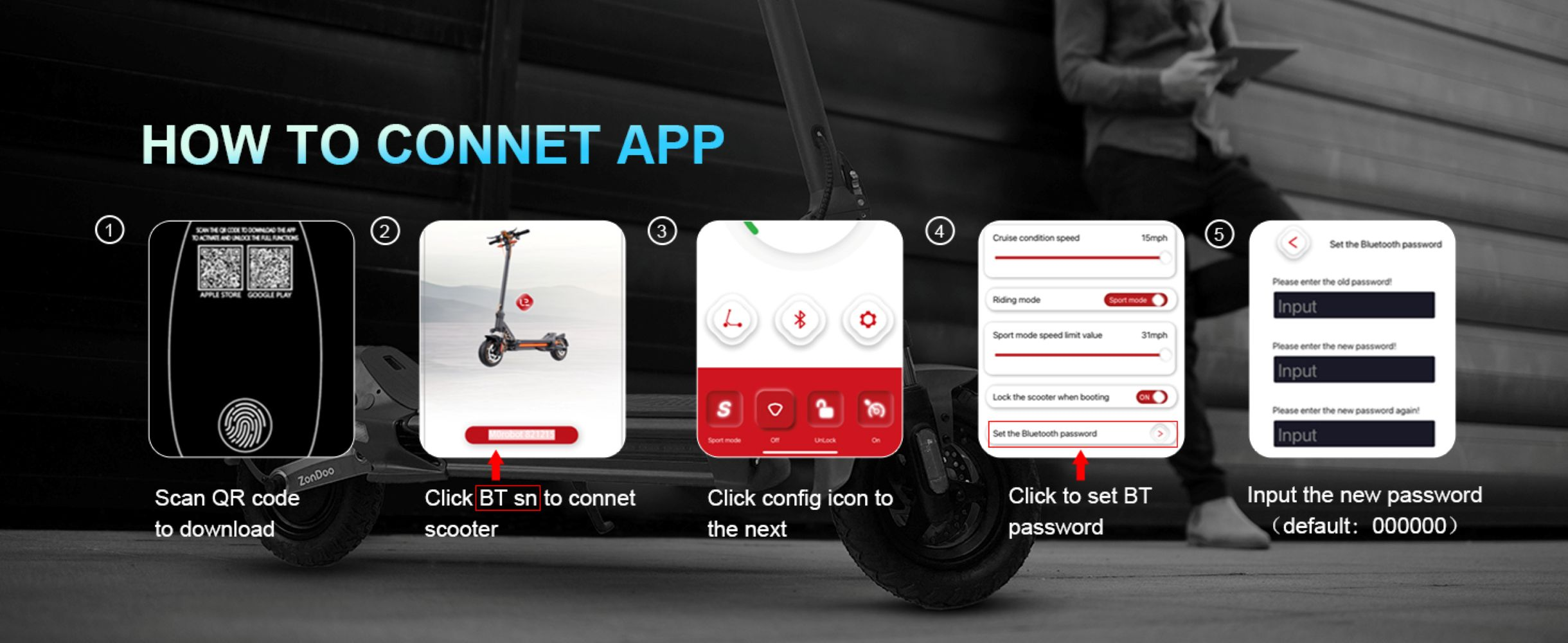 Istruzioni per collegare un'app a un monopattino elettrico in cinque passaggi.