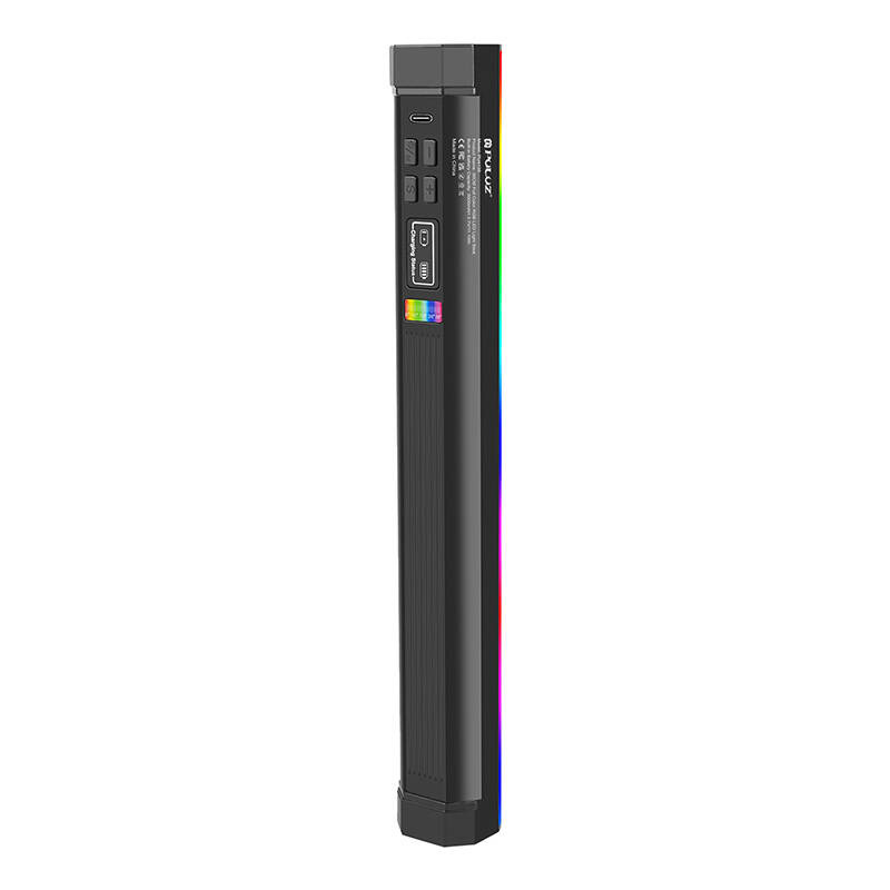Una bacchetta luminosa a LED Puluz nera con pulsanti, schermo e striscia colorata.