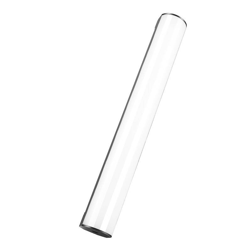 Una lampada a tubo LED cilindrica con diffusore bianco e tappi terminali neri su sfondo bianco.