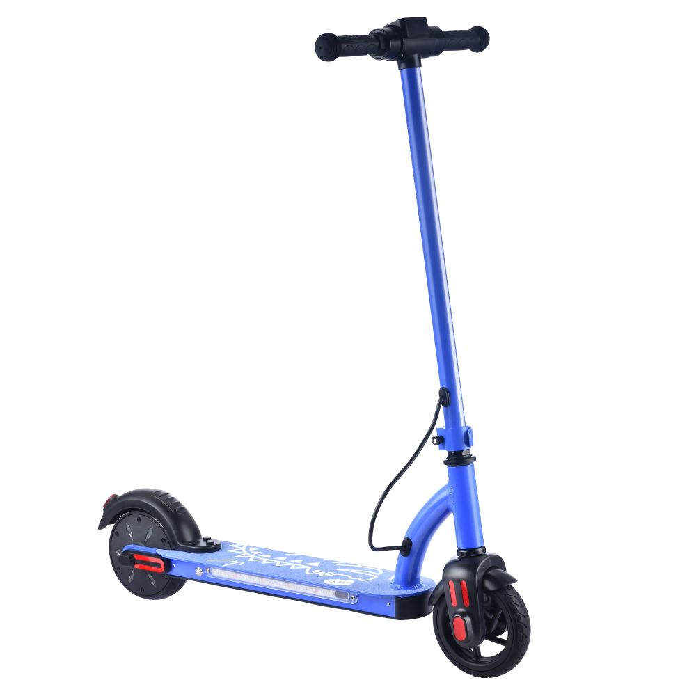 Un monopattino elettrico blu con manubrio e ruote nere su sfondo bianco.
