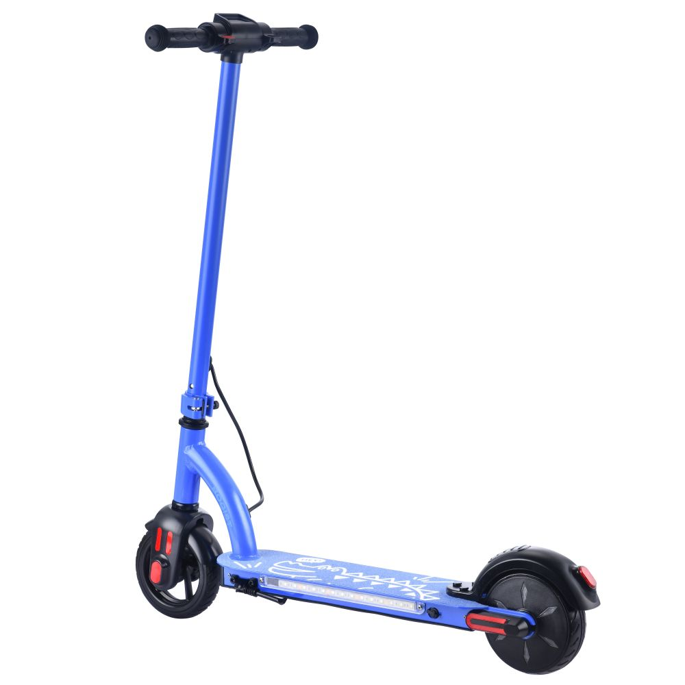 Un moderno monopattino elettrico blu con manubrio e ruote neri su sfondo bianco.