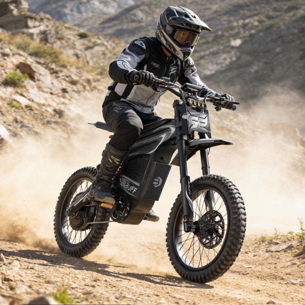 Un motociclista de motocross en una moto de tierra negra levanta polvo en un sendero de montaña.
