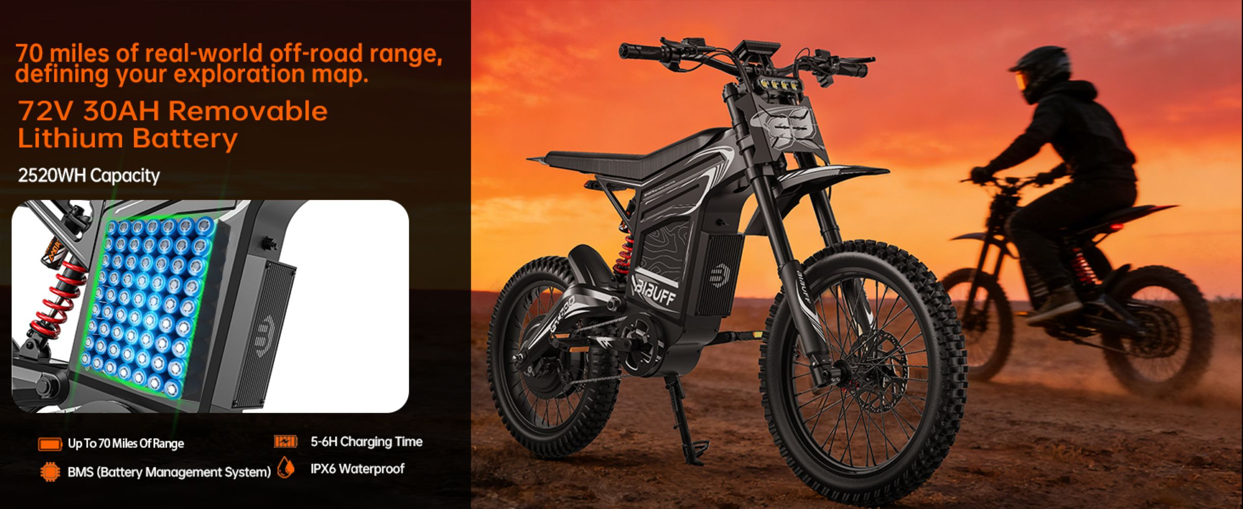 Una moto eléctrica negra con fondo de atardecer y detalle de su batería extraíble.