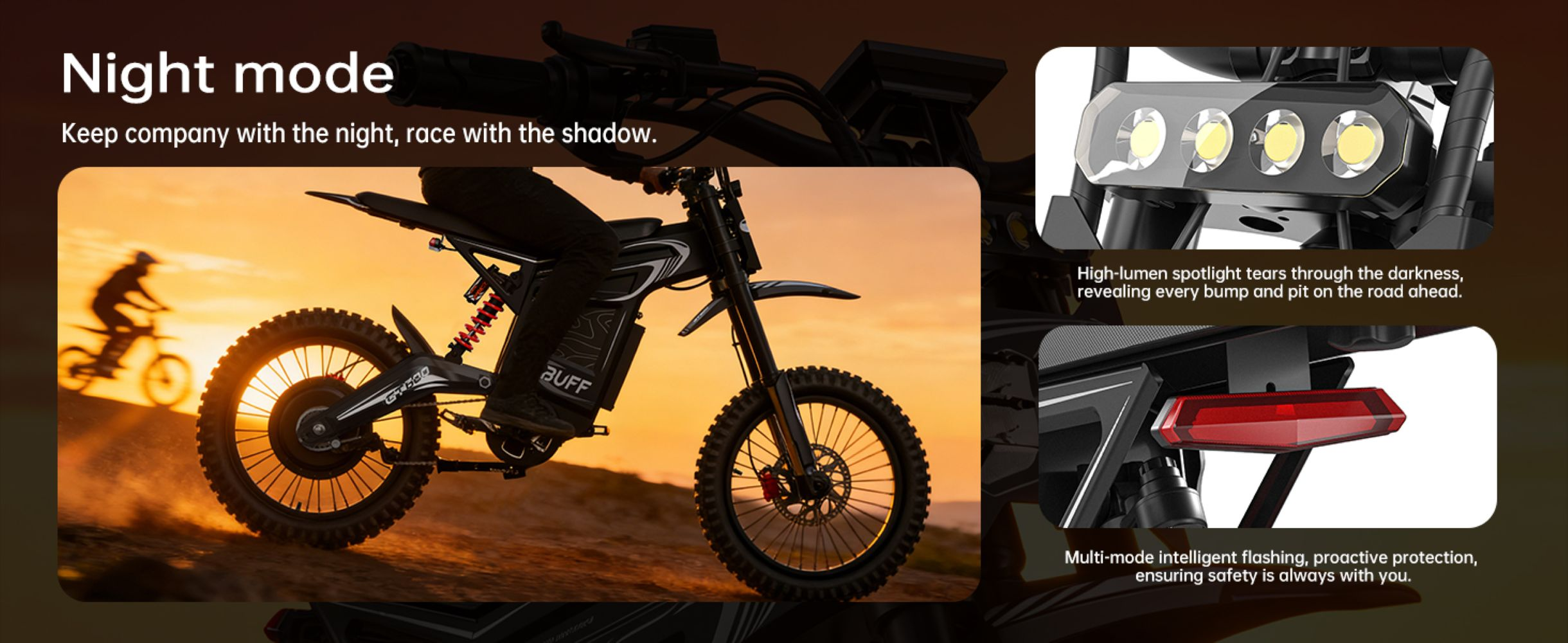 Moto eléctrica de cross al atardecer con detalles de faro y luz trasera.