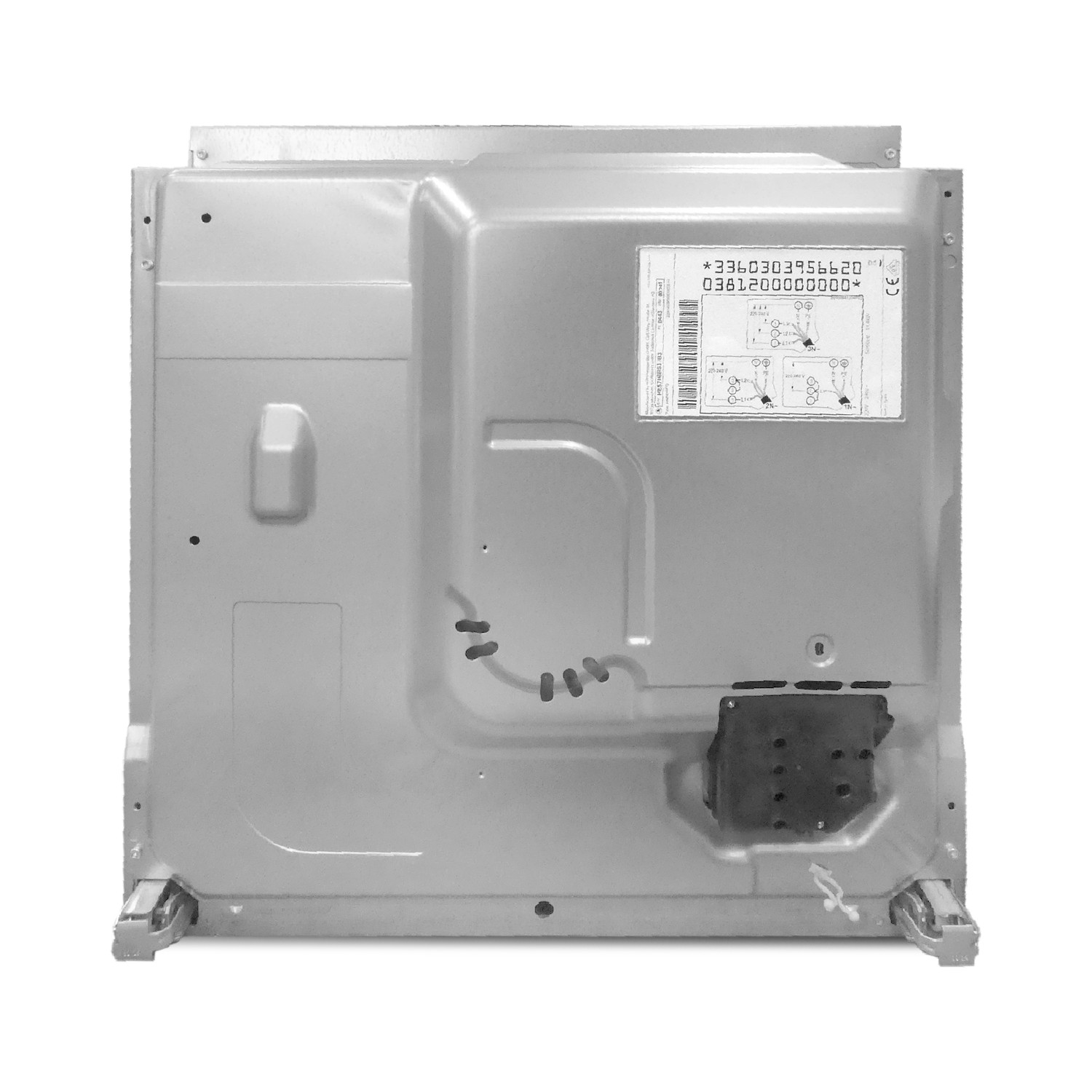 Rückansicht eines silbernen Ofens mit einem elektrischen Anschlussfeld, einer Kennzeichnung und einem Aufkleber.