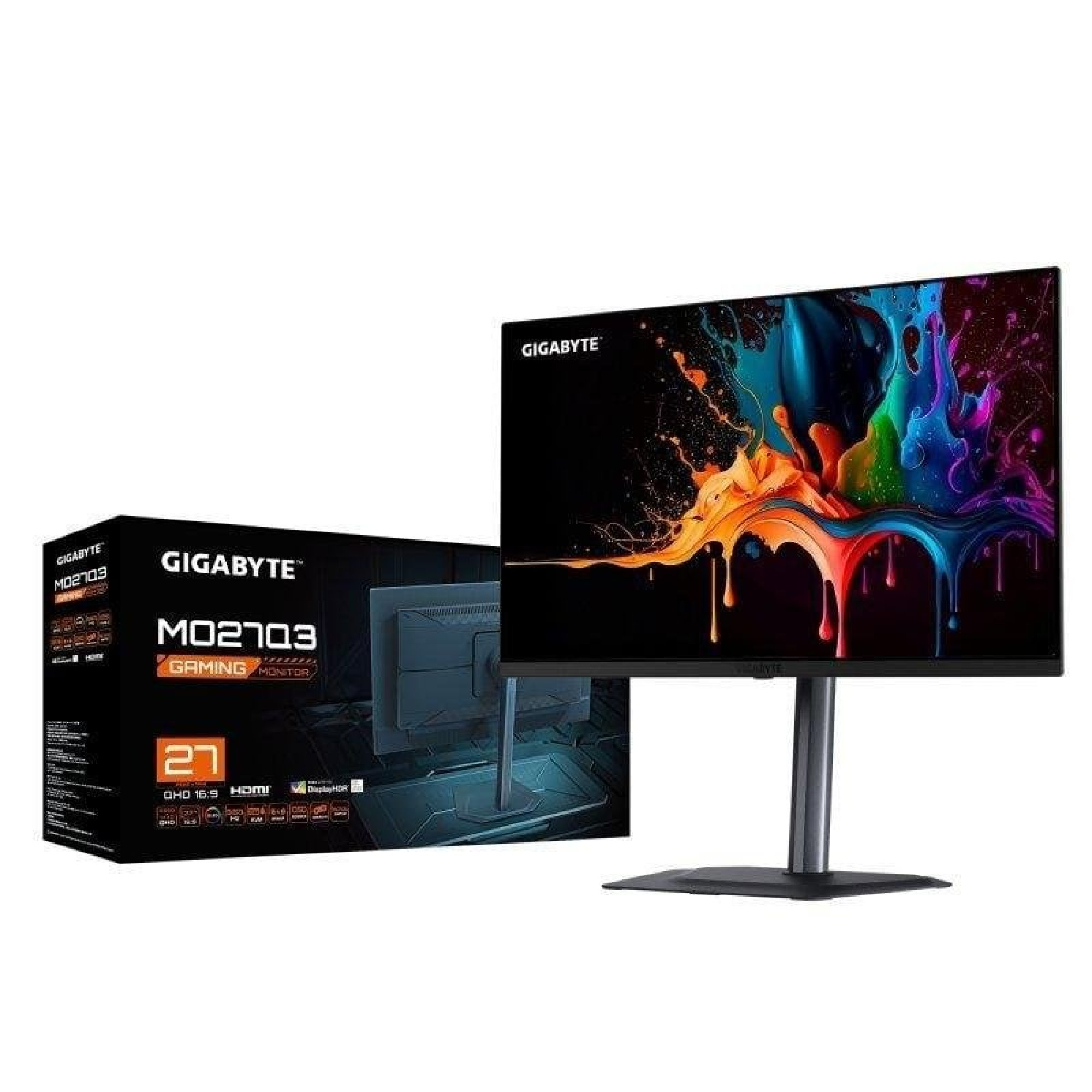 Monitor da gioco Gigabyte MO27Q3 con schizzi di colore sullo schermo e scatola.