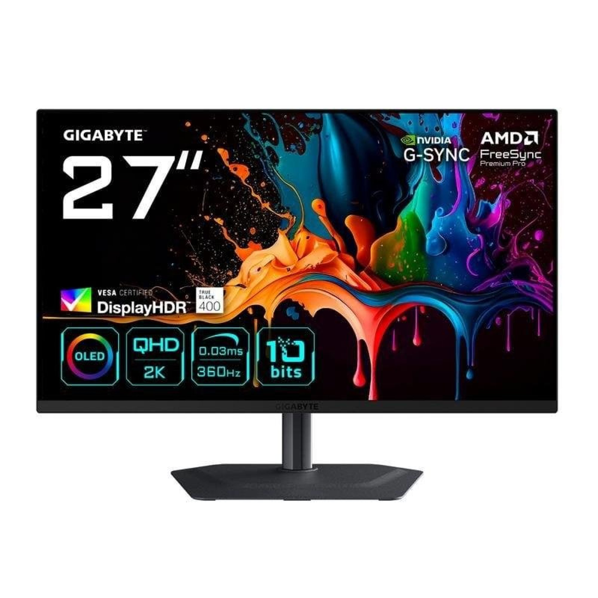 Un monitor da gioco OLED Gigabyte da 27 pollici con sfondo colorato e specifiche tecniche.