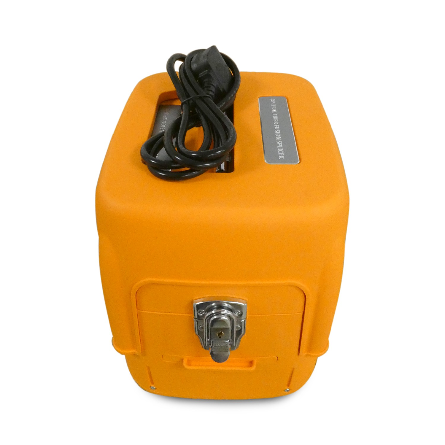 Ein orangefarbenes optisches Fusionsspleißgerät in einem robusten Koffer mit schwarzem Stromkabel.