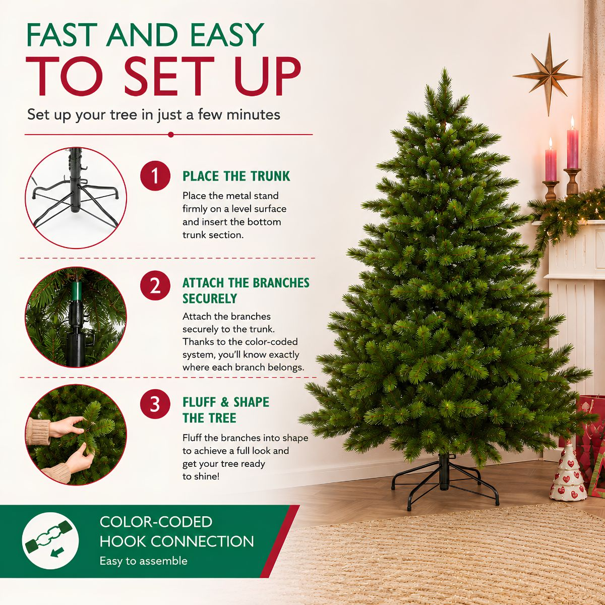 Instructions pour monter un sapin de Noël artificiel en trois étapes simples avec des images.