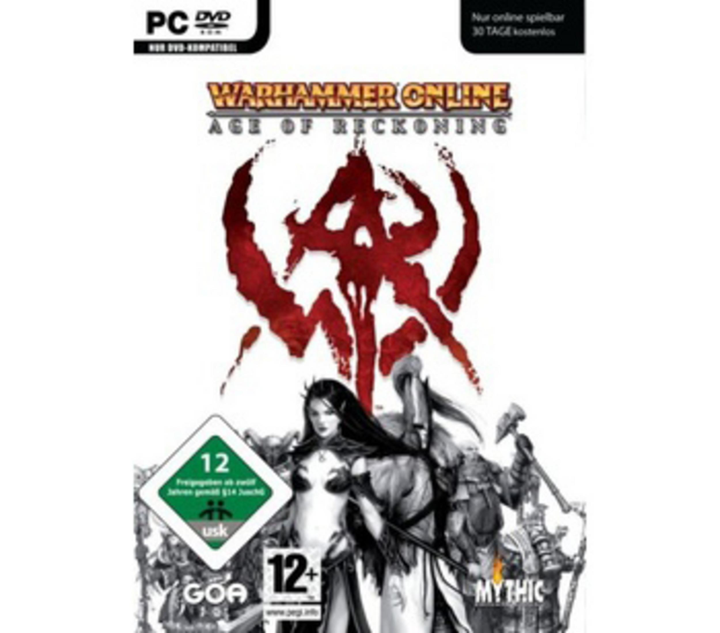 PC-Spielcover von Warhammer Online: Age of Reckoning mit Fantasy-Figuren und USK-12-Altersfreigabe.