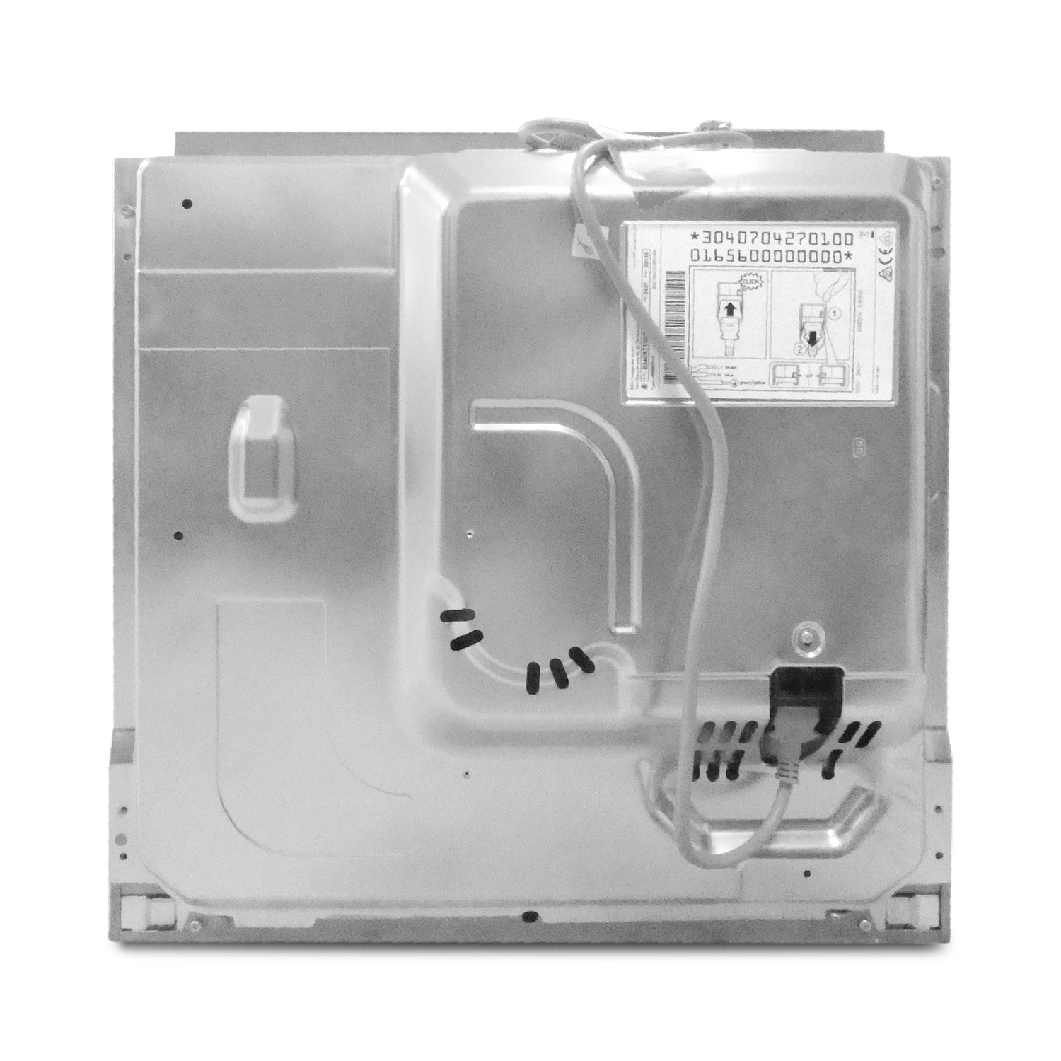 Rückansicht eines silbernen Elektrogeräts mit Kabel, Etikett und Anschlüssen.