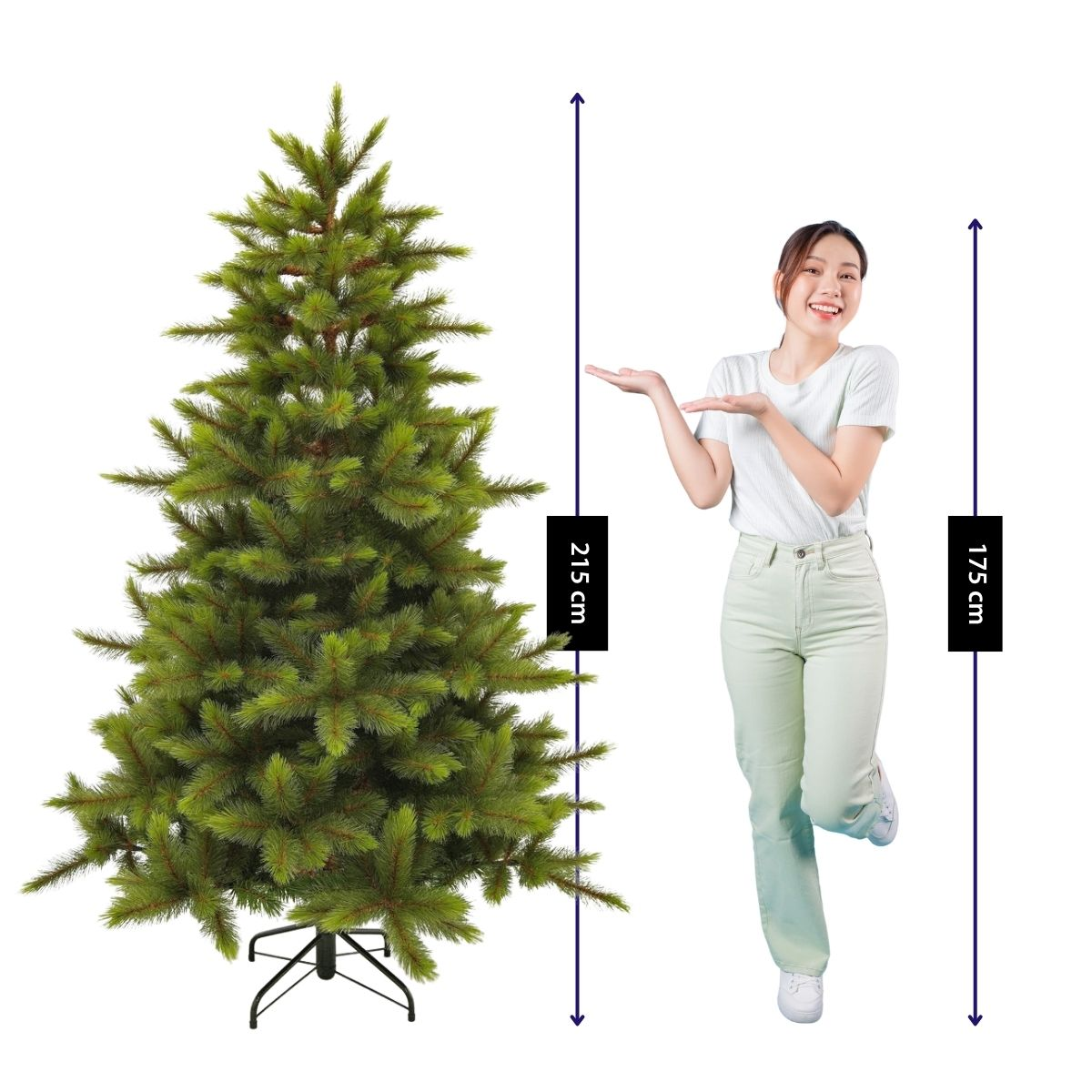 Une femme désigne un sapin de Noël artificiel de 215 cm de haut.