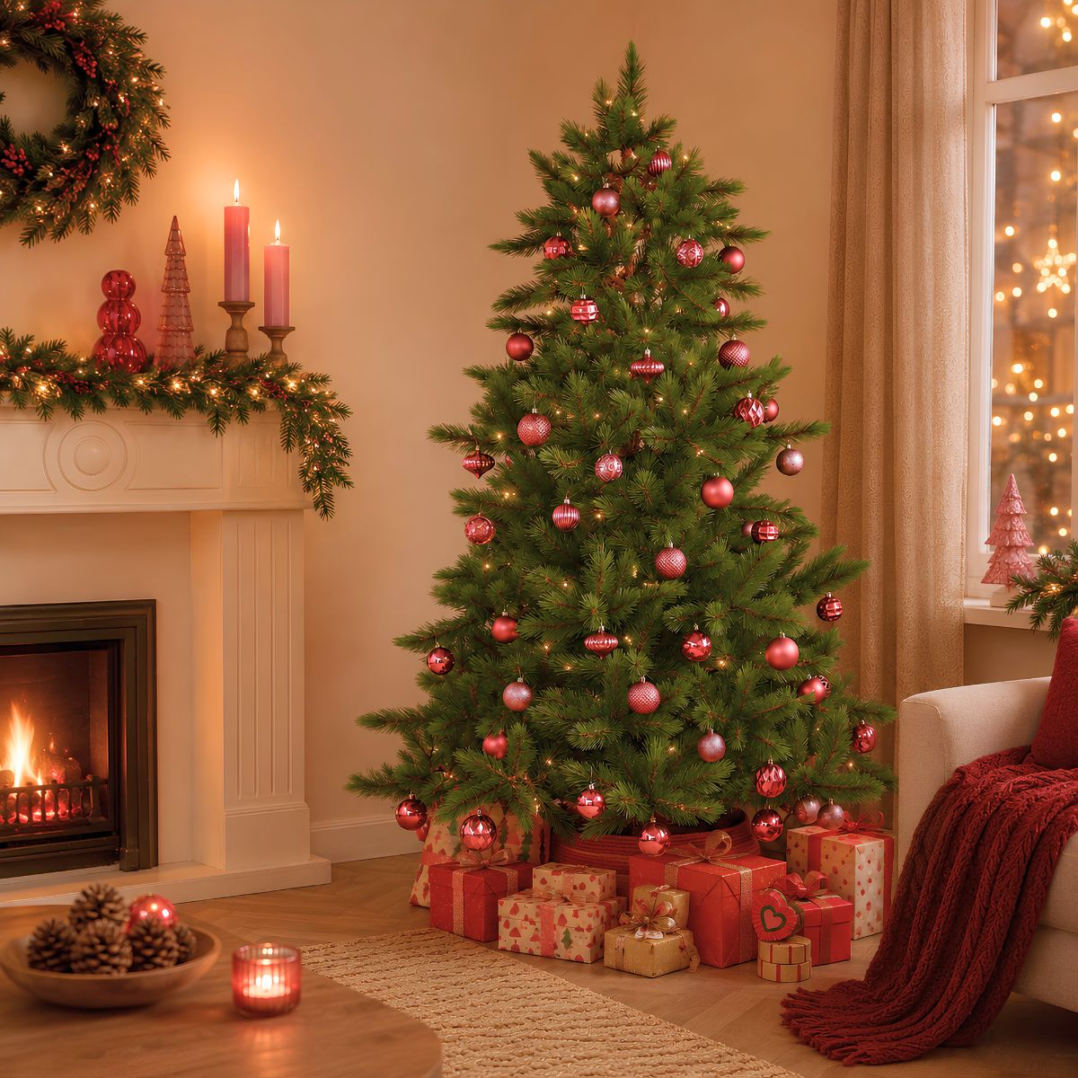 Un sapin de Noël décoré de boules roses se tient à côté d'une cheminée avec des bougies allumées.