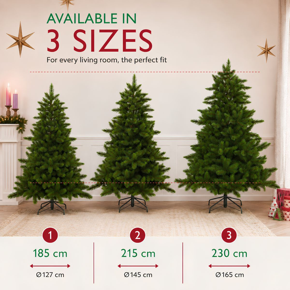 Trois sapins de Noël artificiels de différentes tailles, 185cm, 215cm et 230cm, à l'intérieur.