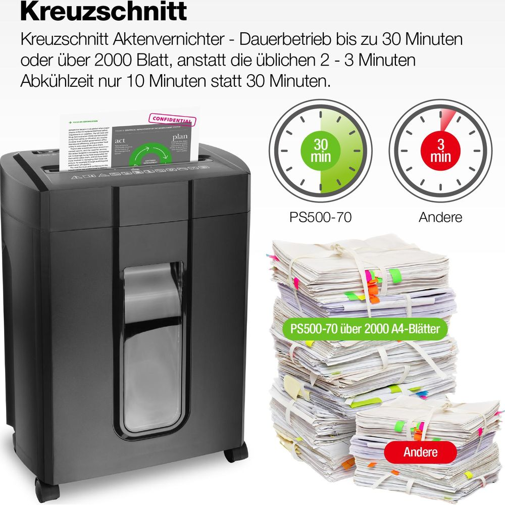 Destructeur de documents noir avec piles de papier et horloges de comparaison de 30 minutes.