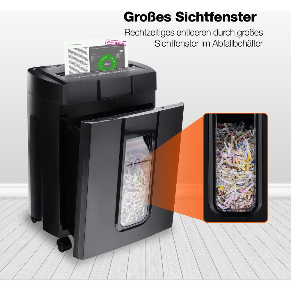Destructeur de documents noir avec une grande fenêtre de visualisation et un bac à déchets.