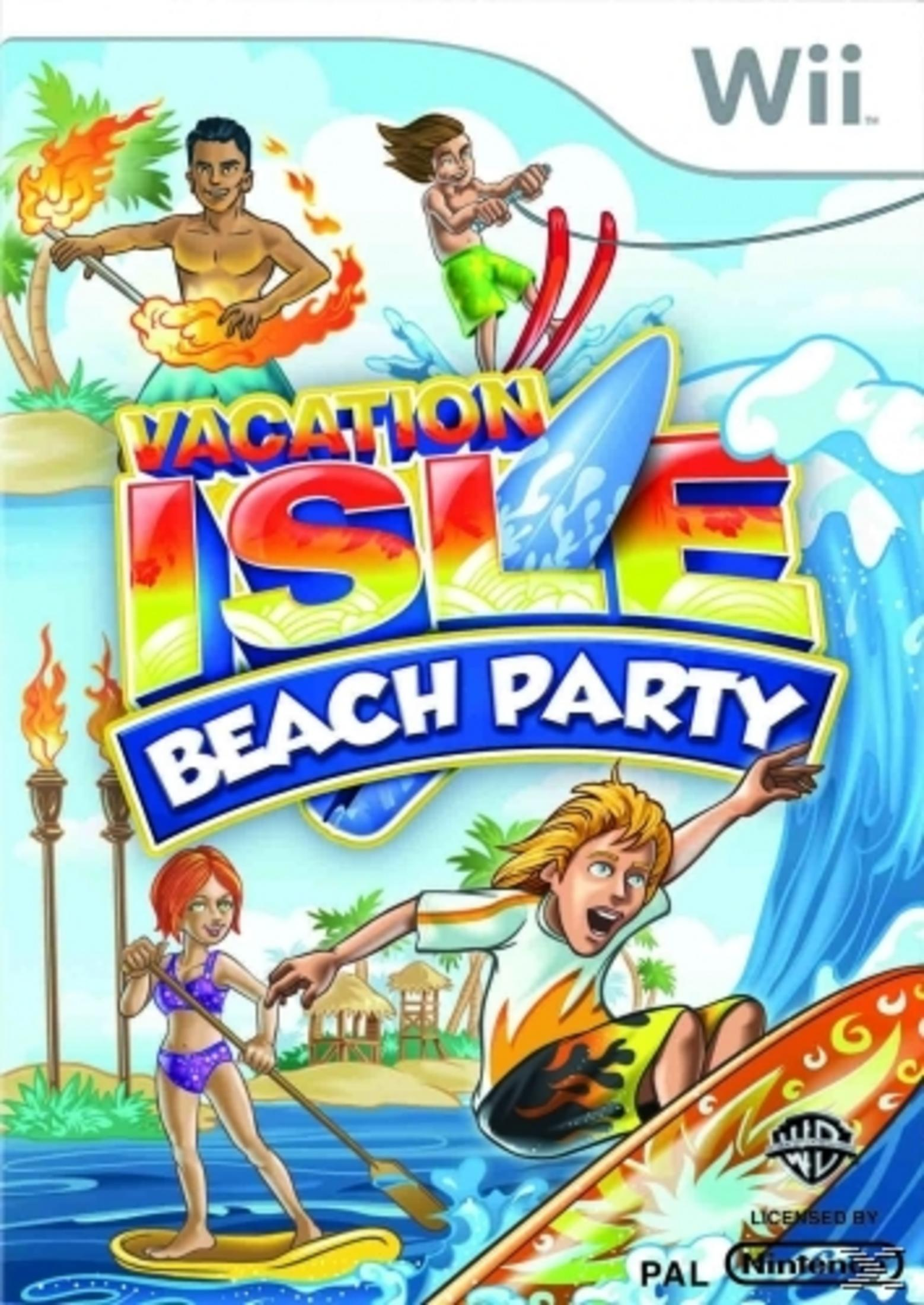 Wii-Spielcover zeigt Charaktere bei Strandaktivitäten wie Surfen, Feuerjonglieren und Wasserski.