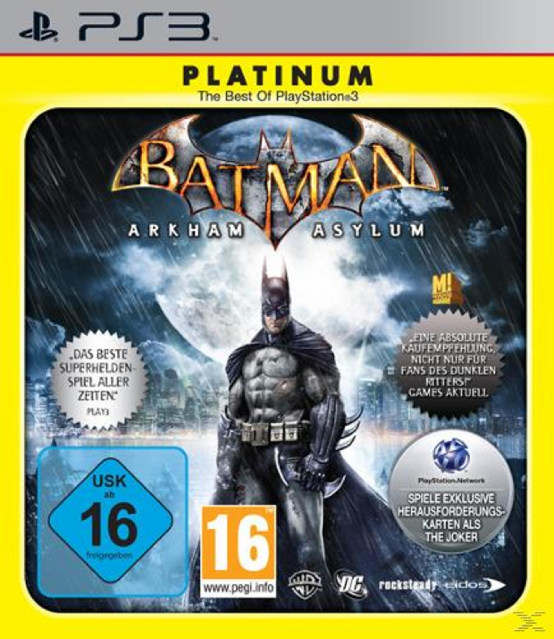 PS3-Spielcover von Batman: Arkham Asylum Platinum Edition mit Batman vor dem Mond.