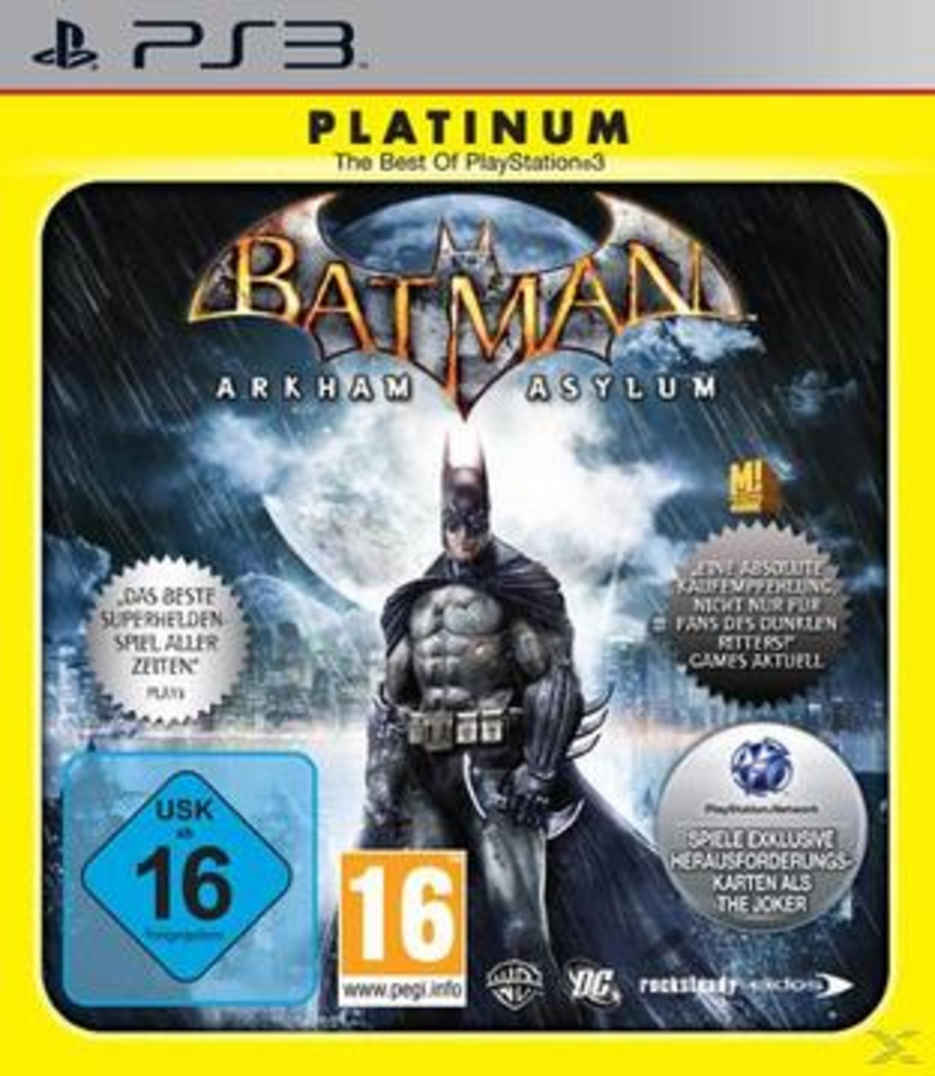 PS3-Spielcover von Batman: Arkham Asylum Platinum, mit Batman in der Mitte, Vollmond und USK-16-Logo.