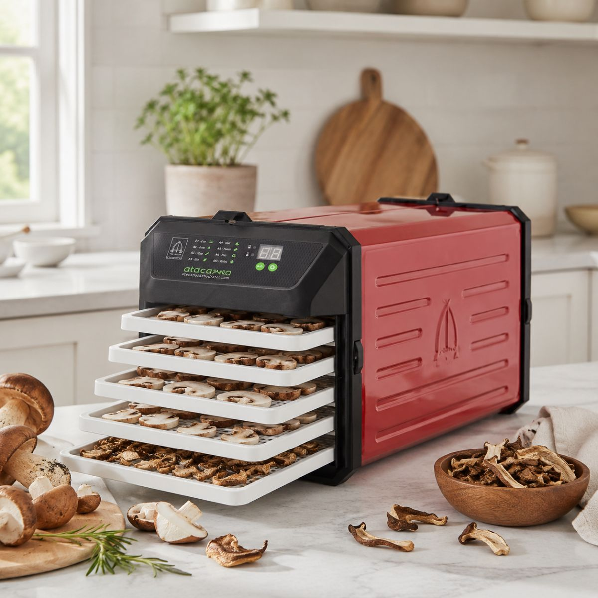 Un essiccatore alimentare rosso e nero con vassoi estratti pieni di funghi affettati su un piano cucina.
