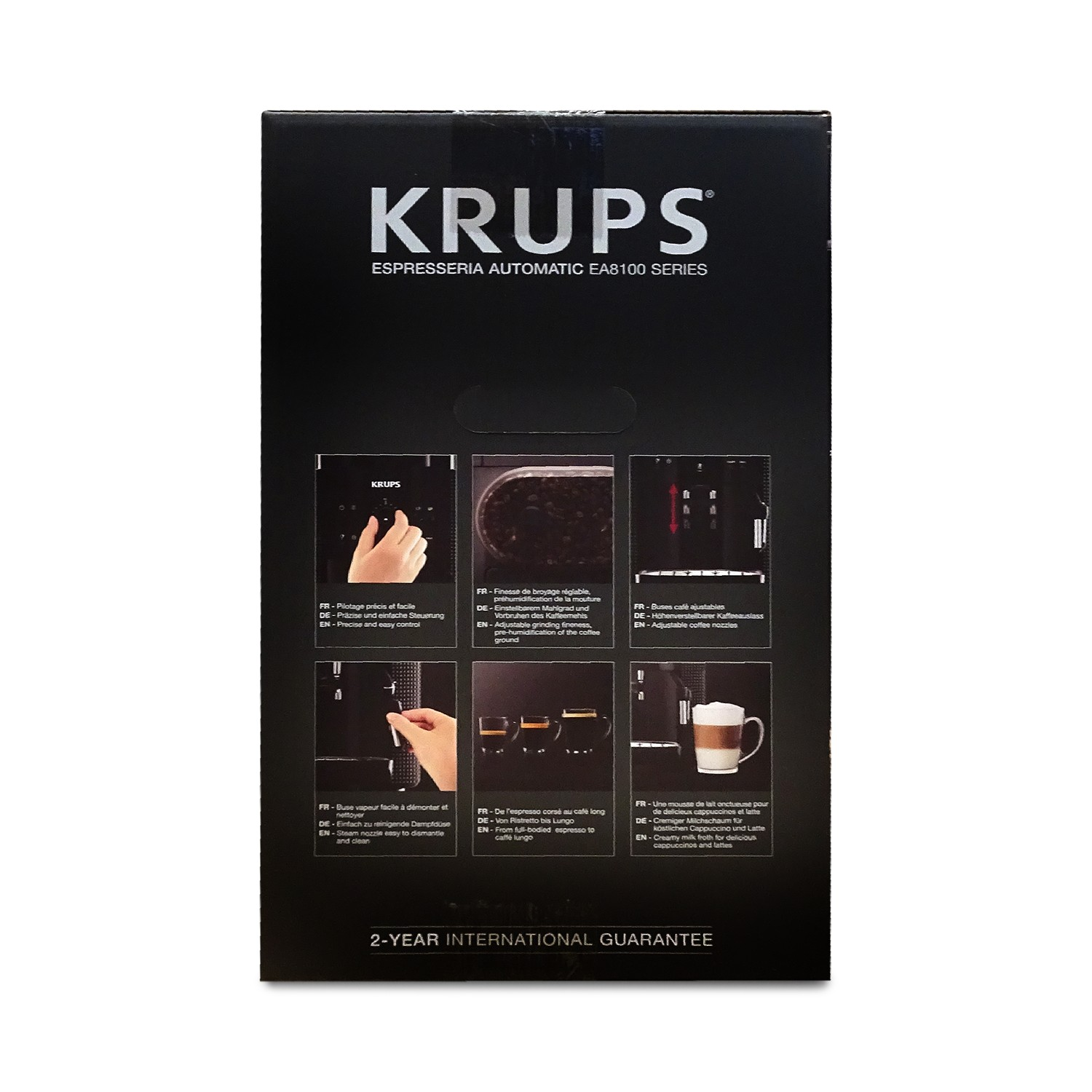 Caja de cafetera negra Krups Espresseria EA8100 Series con fotos de productos y texto.