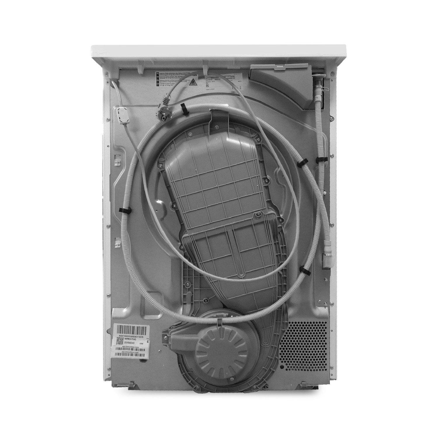 Rückseite einer weißen Waschmaschine mit Schläuchen, Netzkabel und Trommelgehäuse auf grauem Hintergrund.