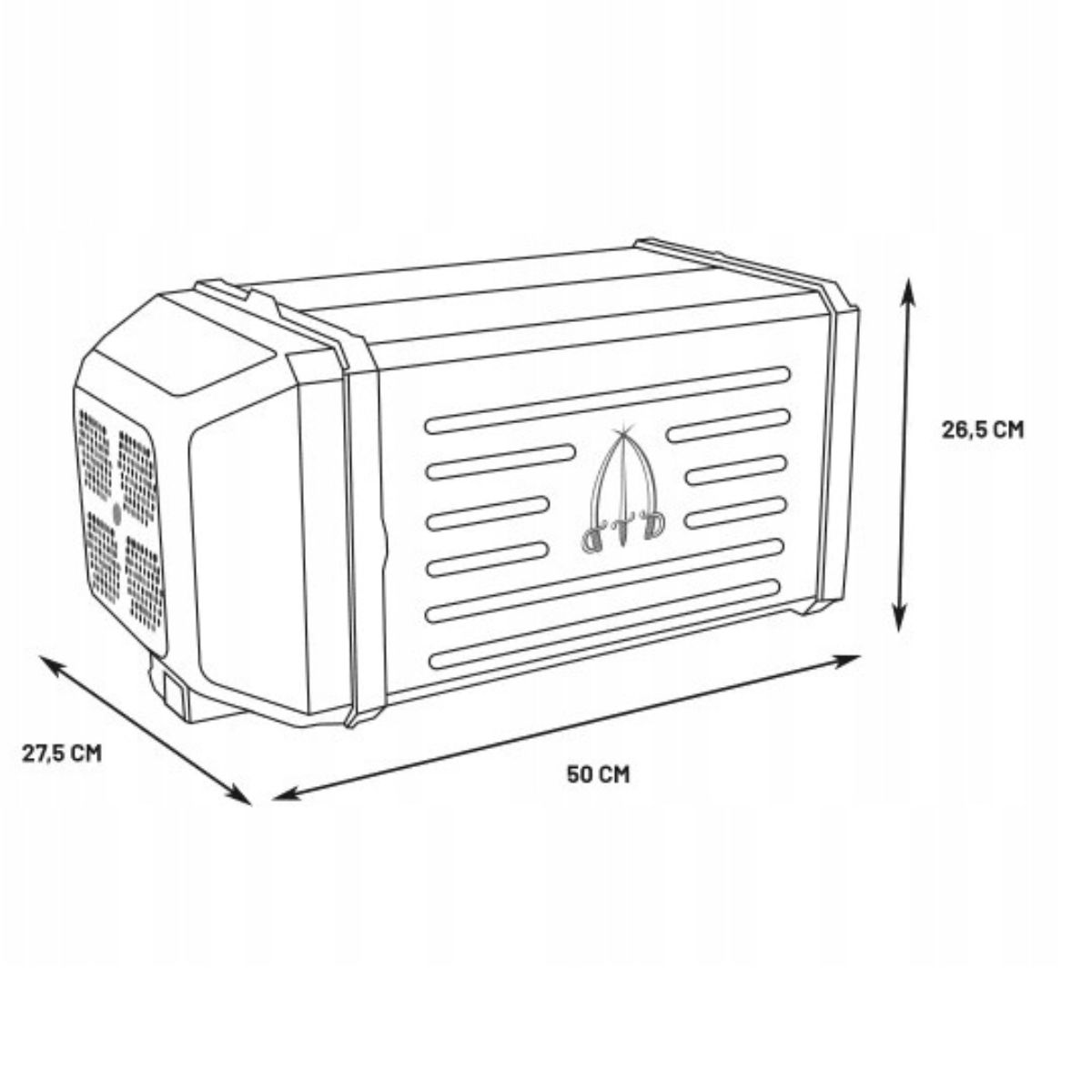 Disegno tecnico di una borsa frigo rettangolare con dimensioni: 50 cm di lunghezza, 27,5 cm di larghezza e 26,5 cm di altezza.