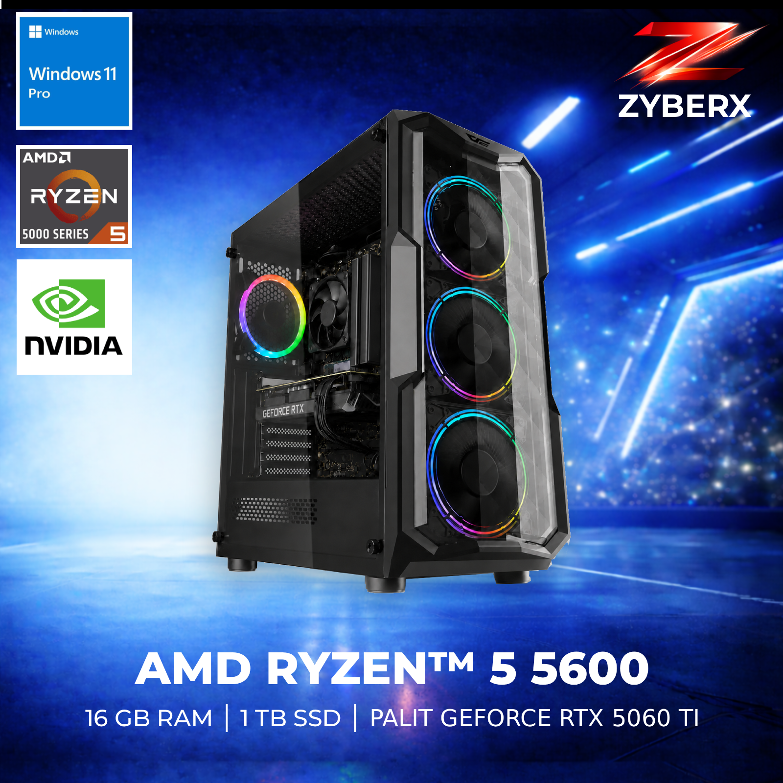 Gaming-PC mit RGB-Lüftern, AMD Ryzen 5, RTX-Grafikkarte und Windows 11 vor blauer Stadionkulisse.