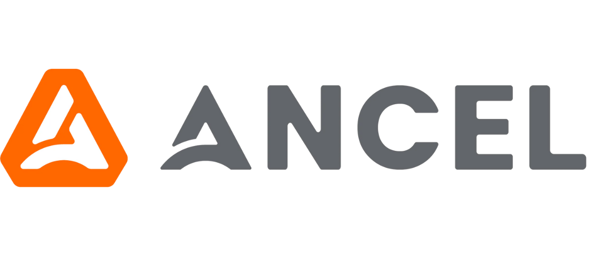Il logo presenta un triangolo arancione con una A e la scritta grigia ANCEL.