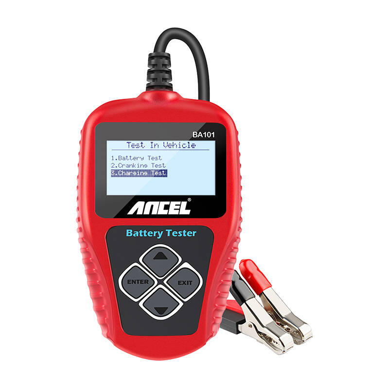 Un tester per batterie auto rosso BA101 con schermo, pulsanti di controllo e morsetti rosso e nero collegati.