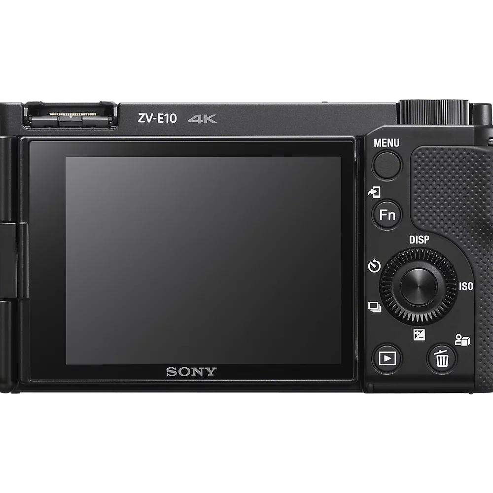 Rückansicht der schwarzen Sony ZV-E10 4K Systemkamera mit LCD-Bildschirm, Steuertasten und Einstellrad.