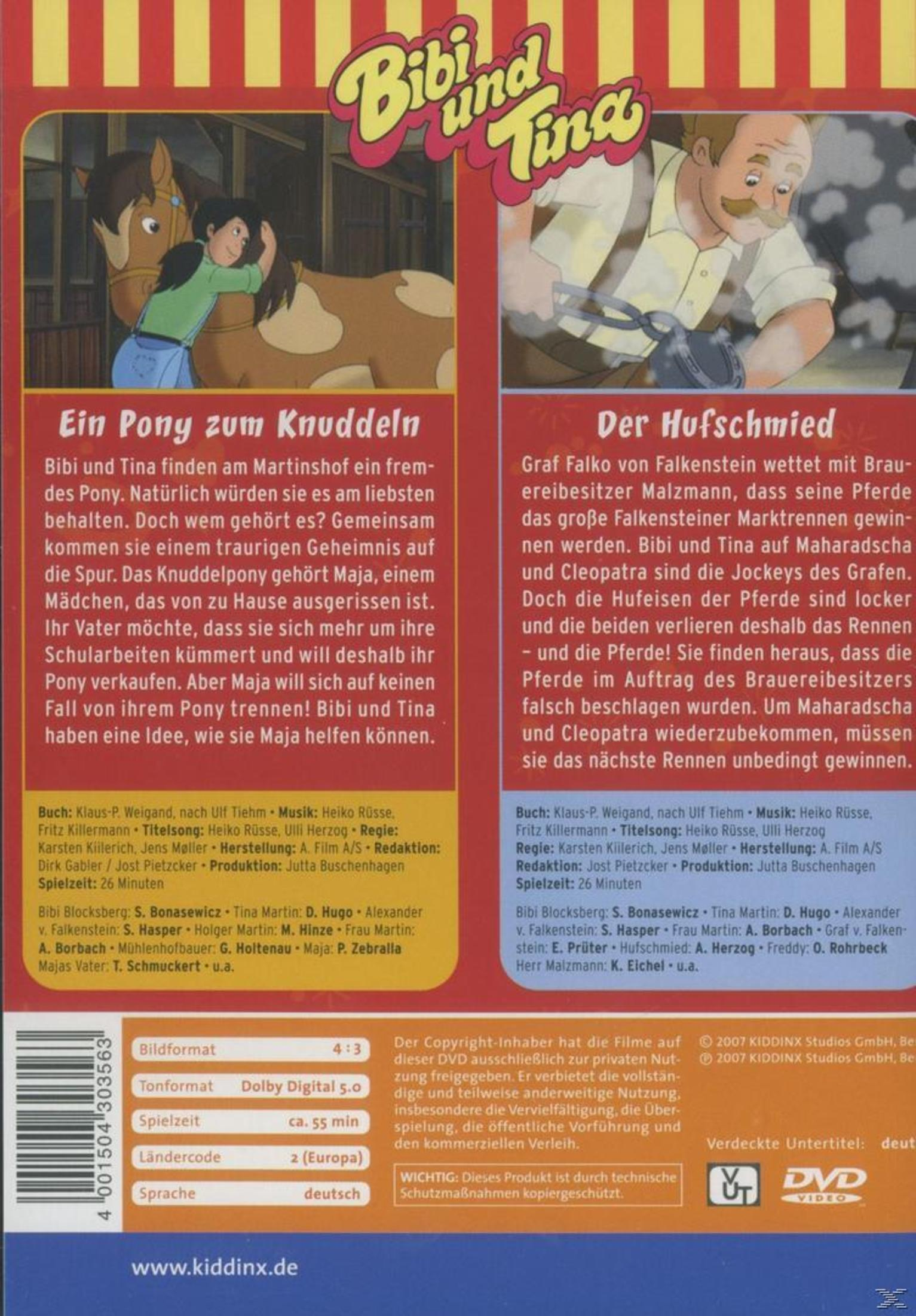 Rückseite einer Bibi und Tina DVD-Hülle mit zwei Episodenbeschreibungen, Credits und technischen Details.