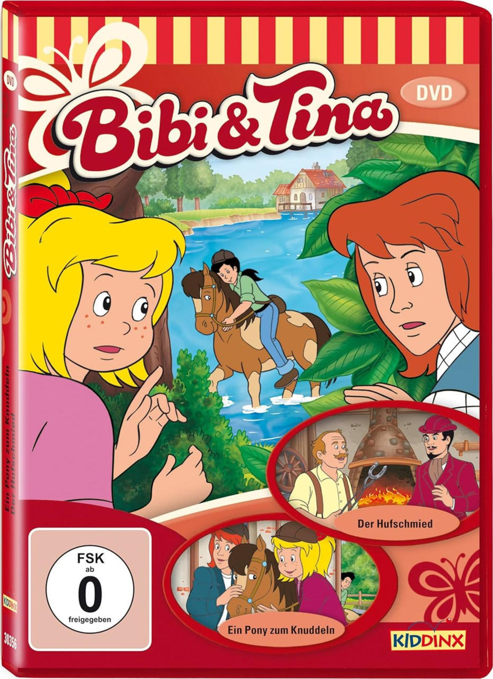 Cover der DVD 'Bibi & Tina' mit den Hauptfiguren, Pferden und Szenenbildern.