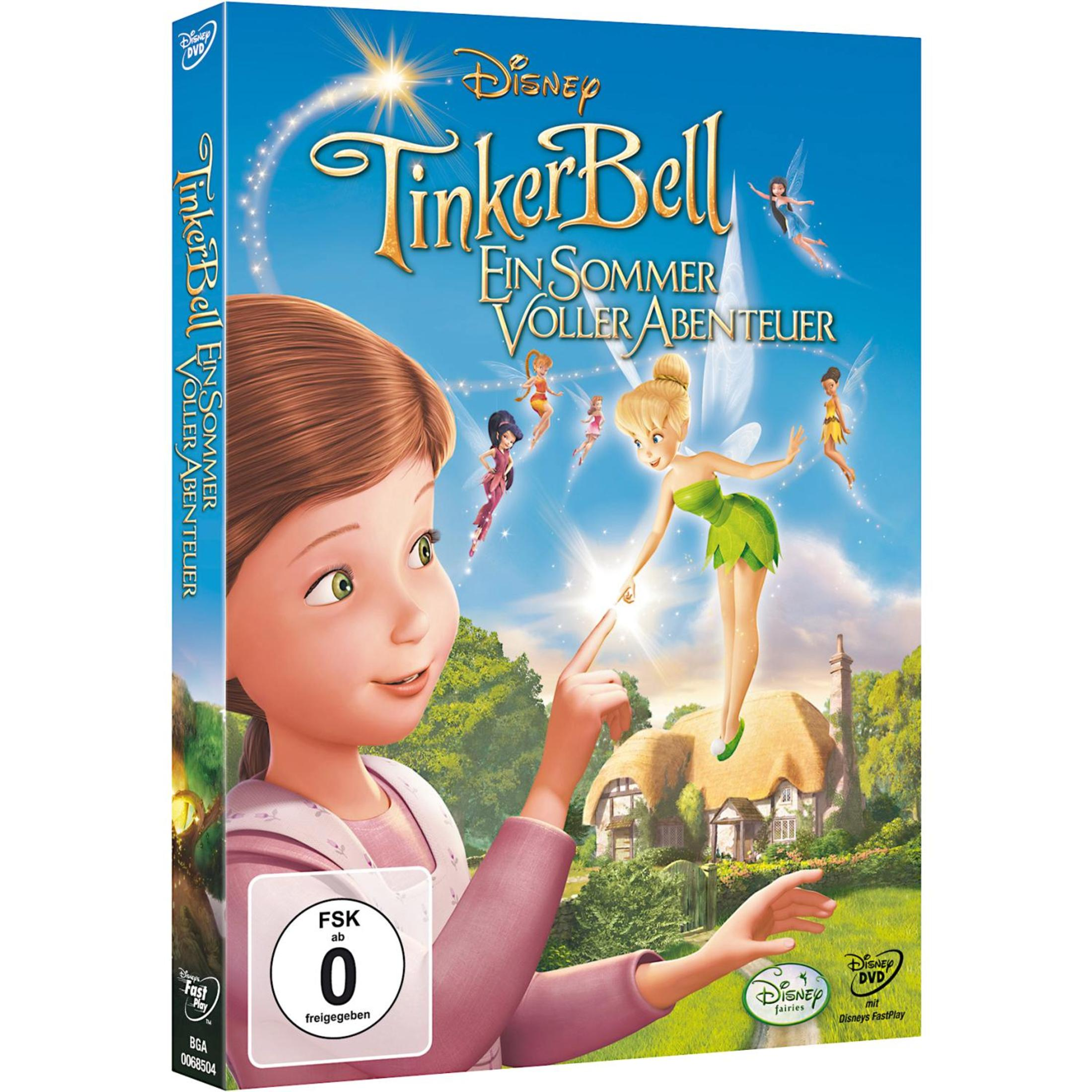 DVD-Hülle von TinkerBell mit einem Mädchen, das TinkerBells Finger berührt, über einem Haus und Feldern.