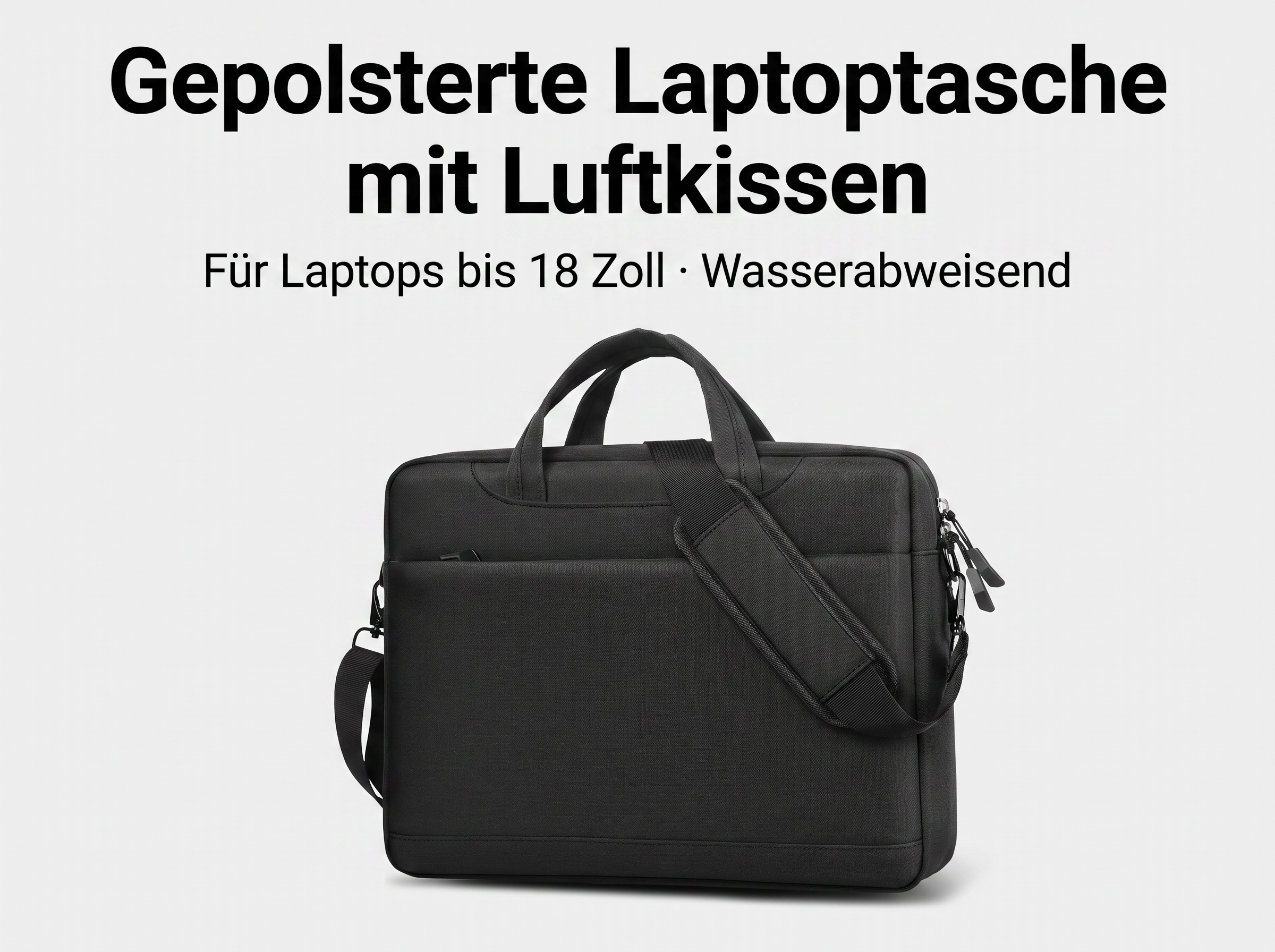 Schwarze Laptoptasche mit Tragegriffen und Schultergurt auf hellem Hintergrund mit Text.