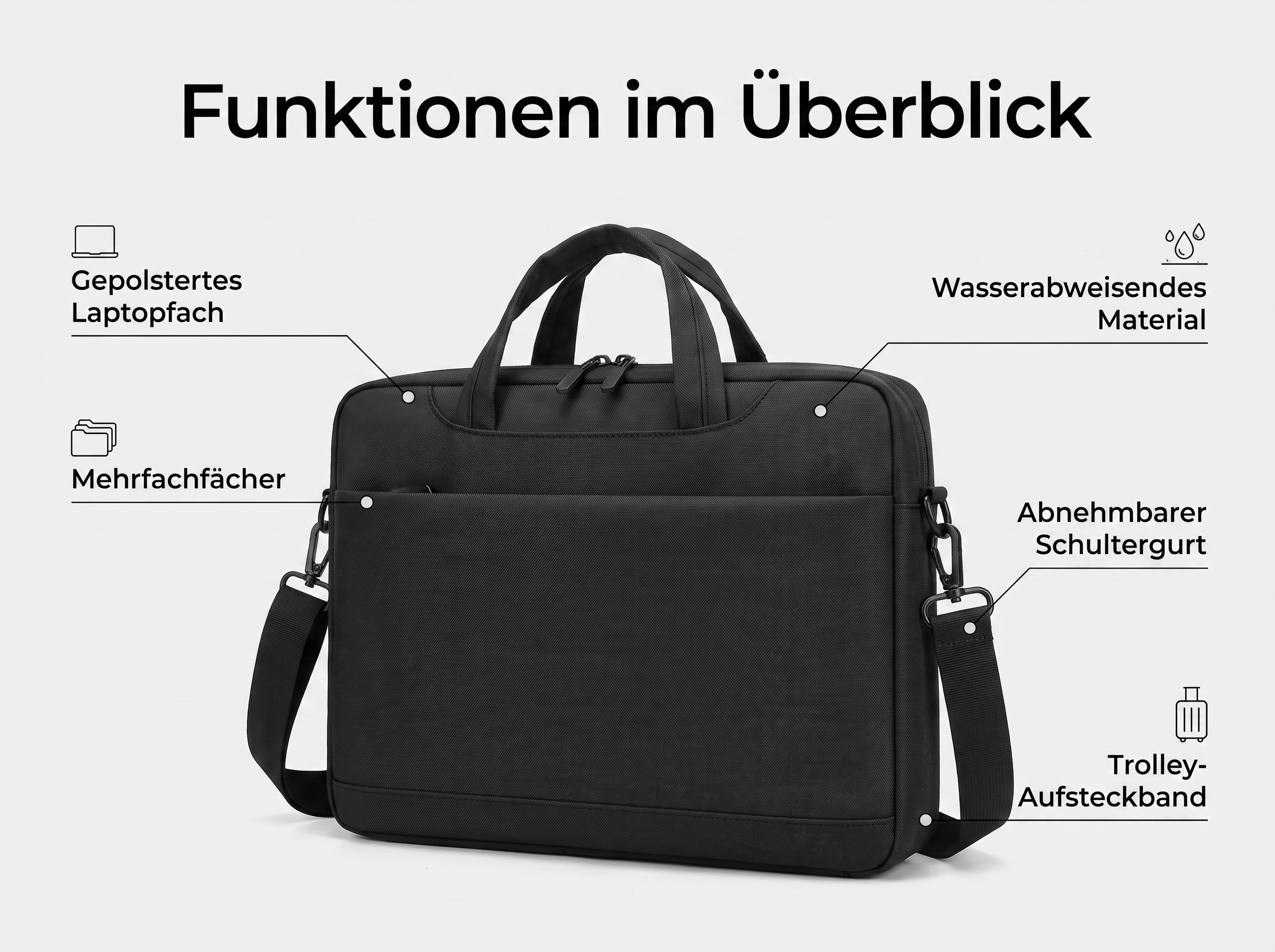 Schwarze Laptoptasche mit Tragegriffen und UmhÃ¤ngegurt, umgeben von Produktmerkmalen auf Deutsch.