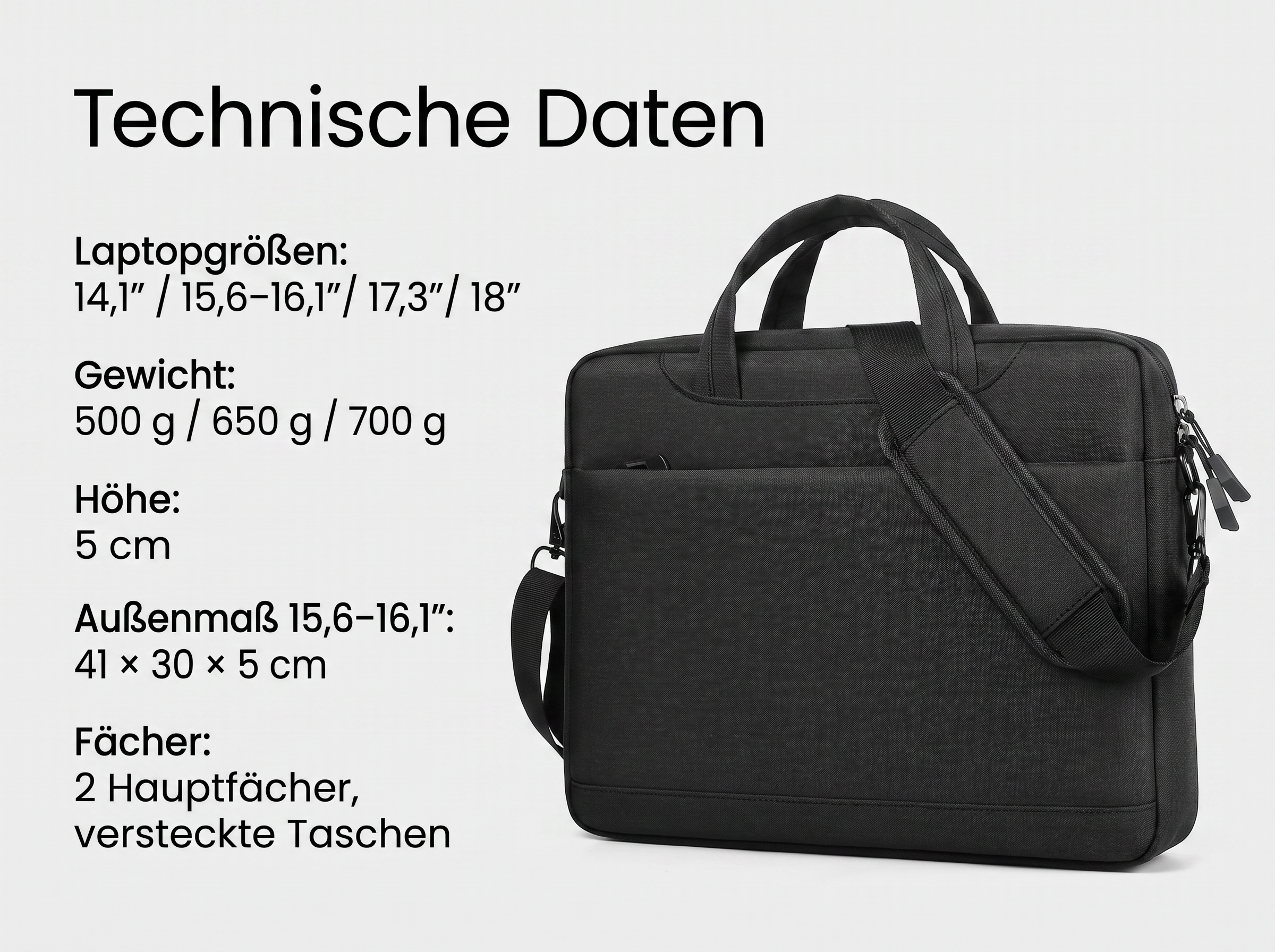 Eine schwarze Laptoptasche mit technischen Daten auf der linken Seite vor weißem Hintergrund.