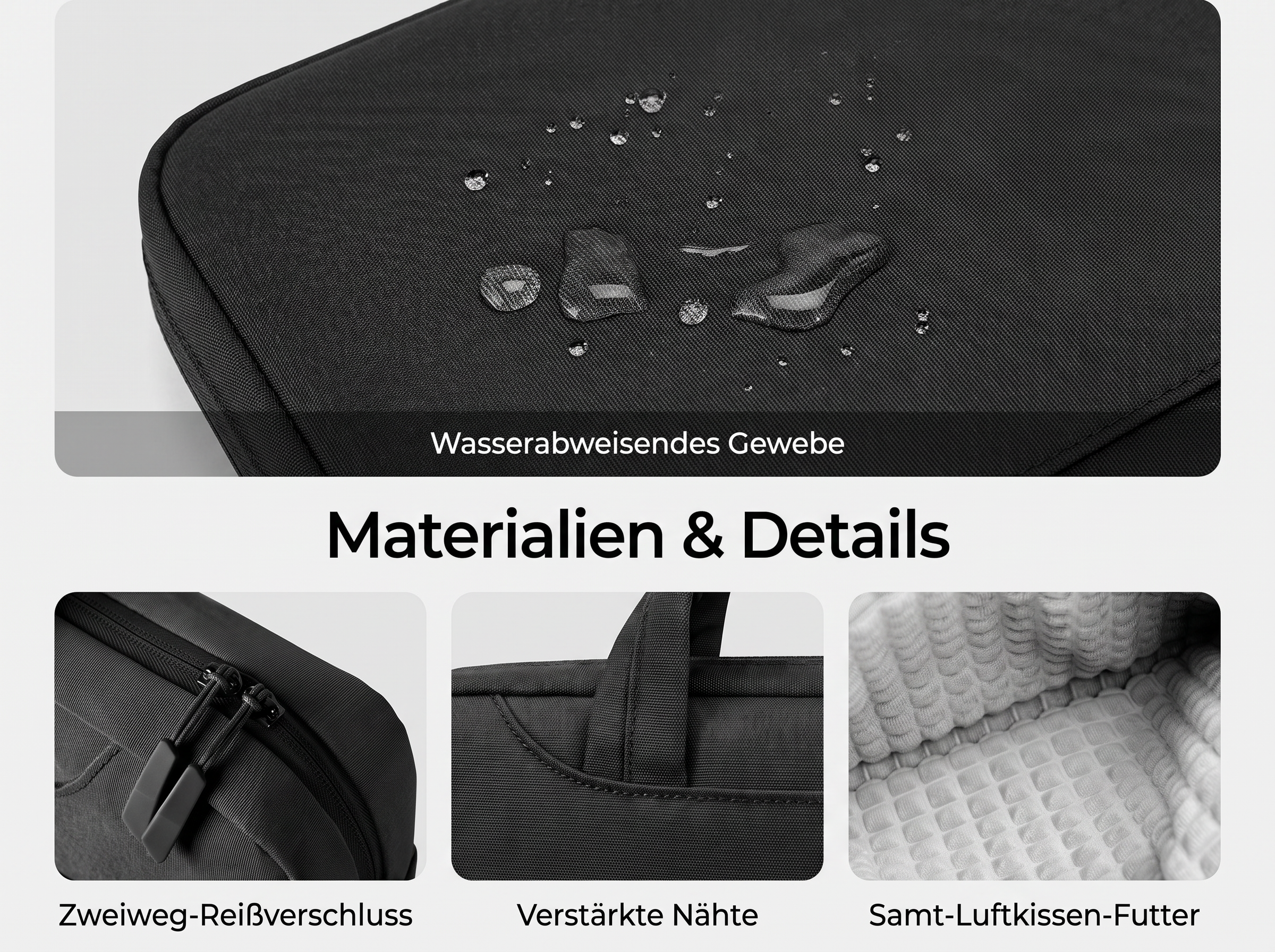 Produkt-Collage zeigt wasserabweisenden Stoff, Reißverschluss, verstärkte Nähte und Samtfutter einer Tasche.