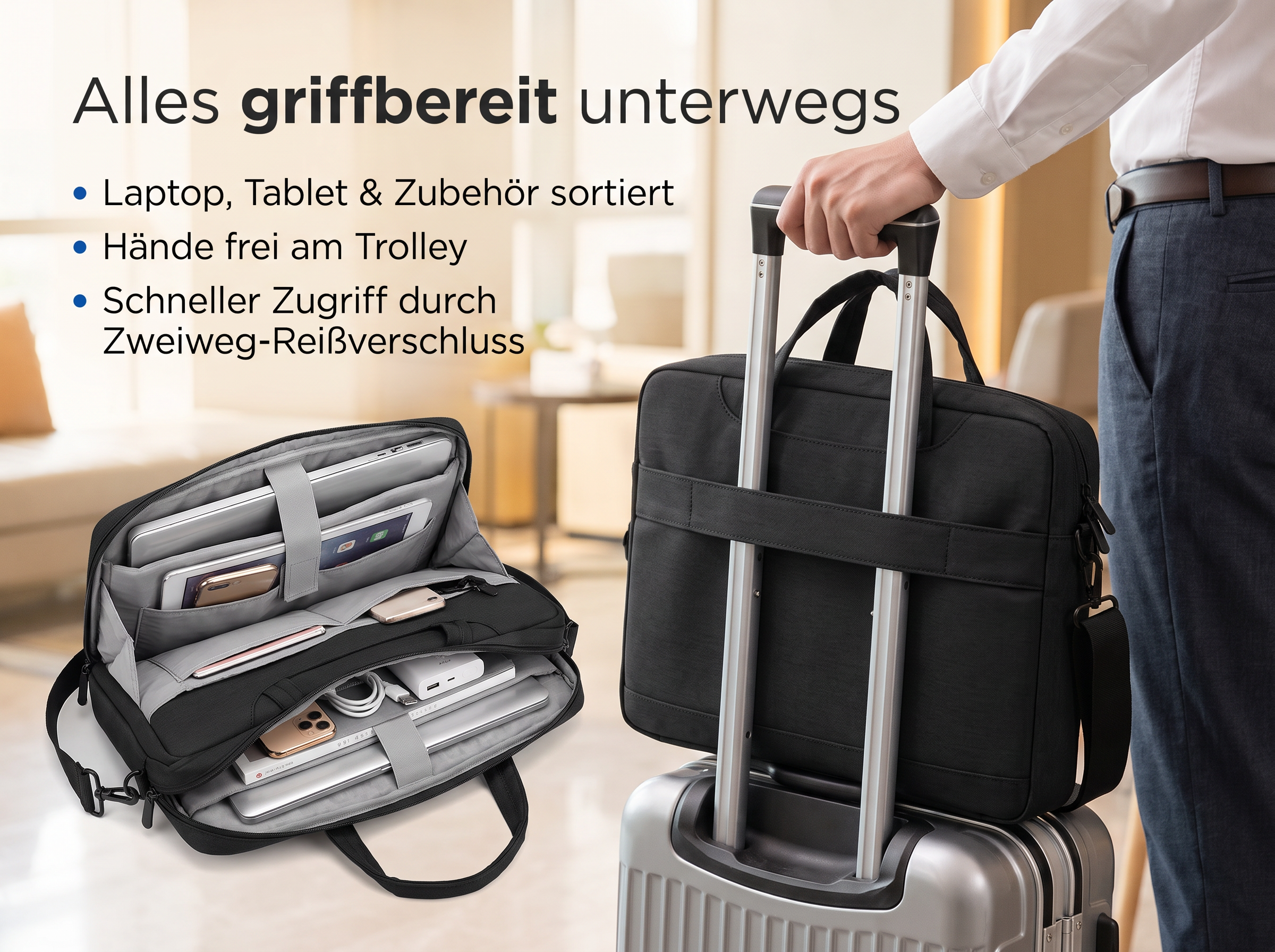 Ein Mann hält einen schwarzen Laptoptasche auf einem Trolley, daneben ist eine offene Tasche mit Gadgets zu sehen.