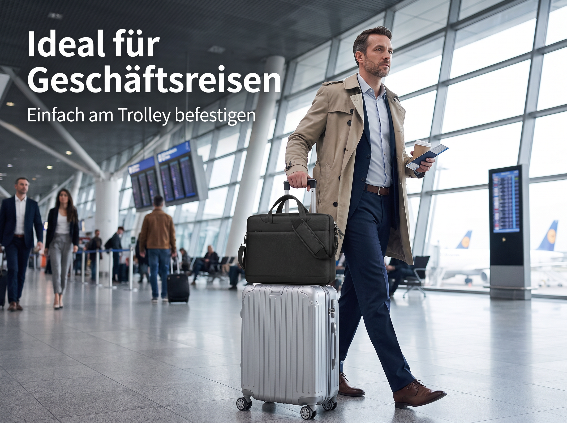 Ein Geschäftsmann zieht einen Trolley mit aufgesetzter Tasche durch eine helle Flughafenhalle.