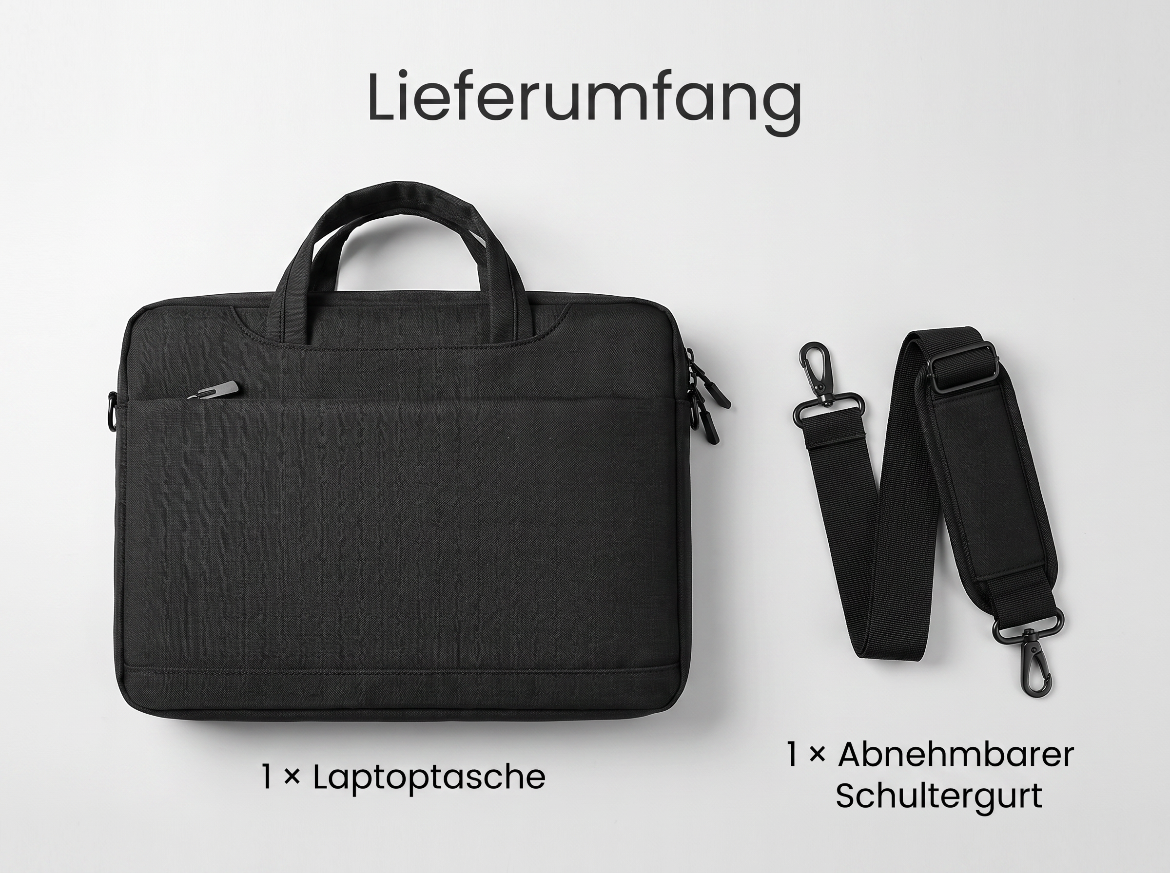 Eine schwarze Laptoptasche mit Tragegriffen und ein abnehmbarer Schultergurt auf hellem Hintergrund.