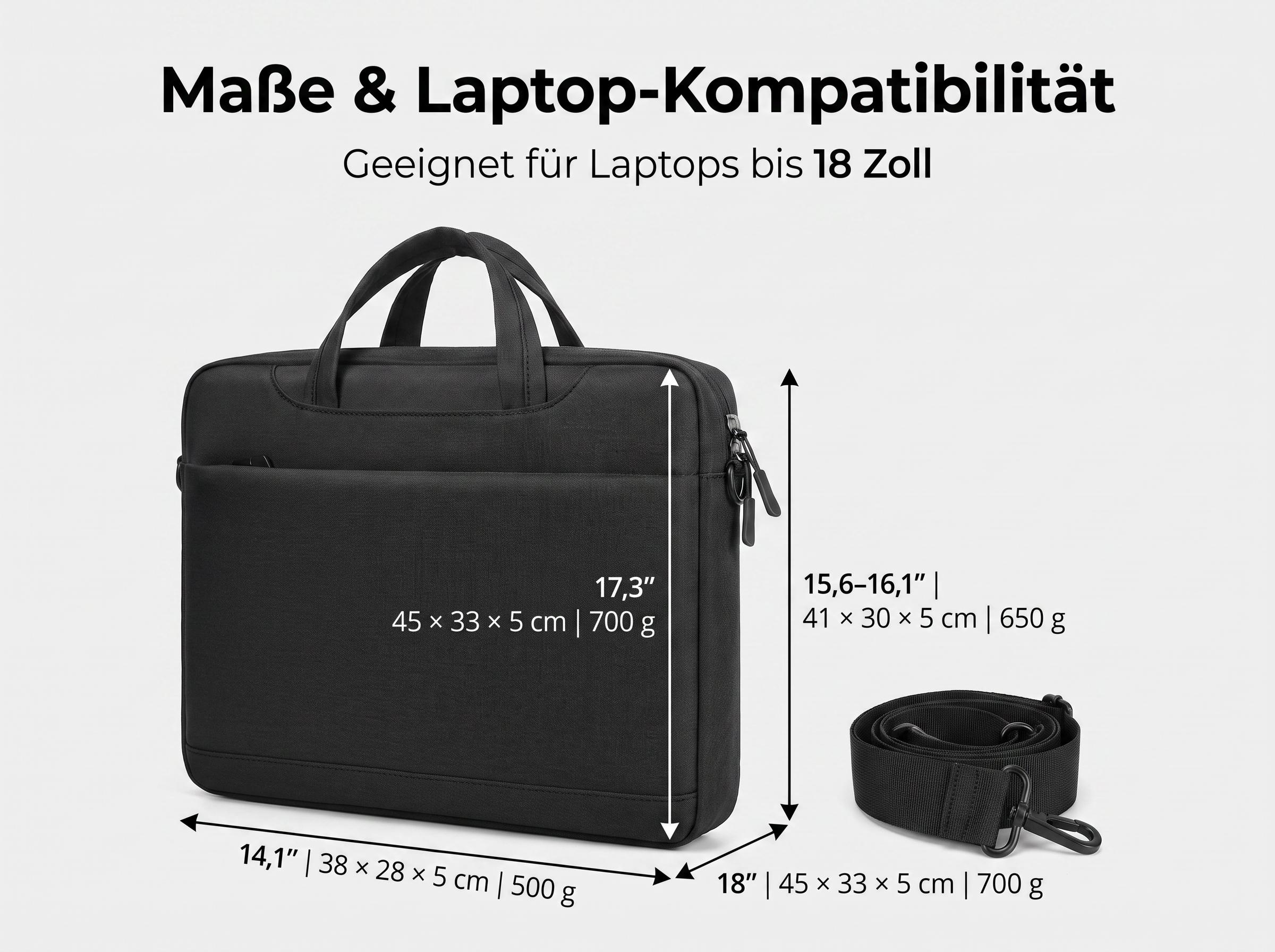 Schwarze Laptoptasche mit Maßen und abnehmbarem Gurt auf hellem Hintergrund.