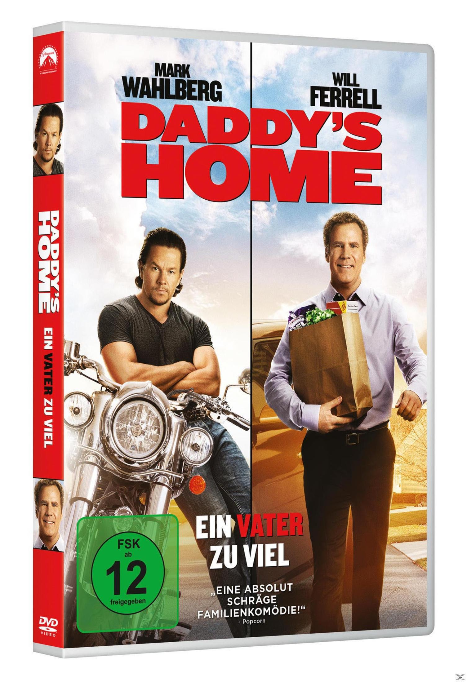 DVD-Cover von Daddys Home mit Mark Wahlberg an einem Motorrad und Will Ferrell mit Einkaufstüte.