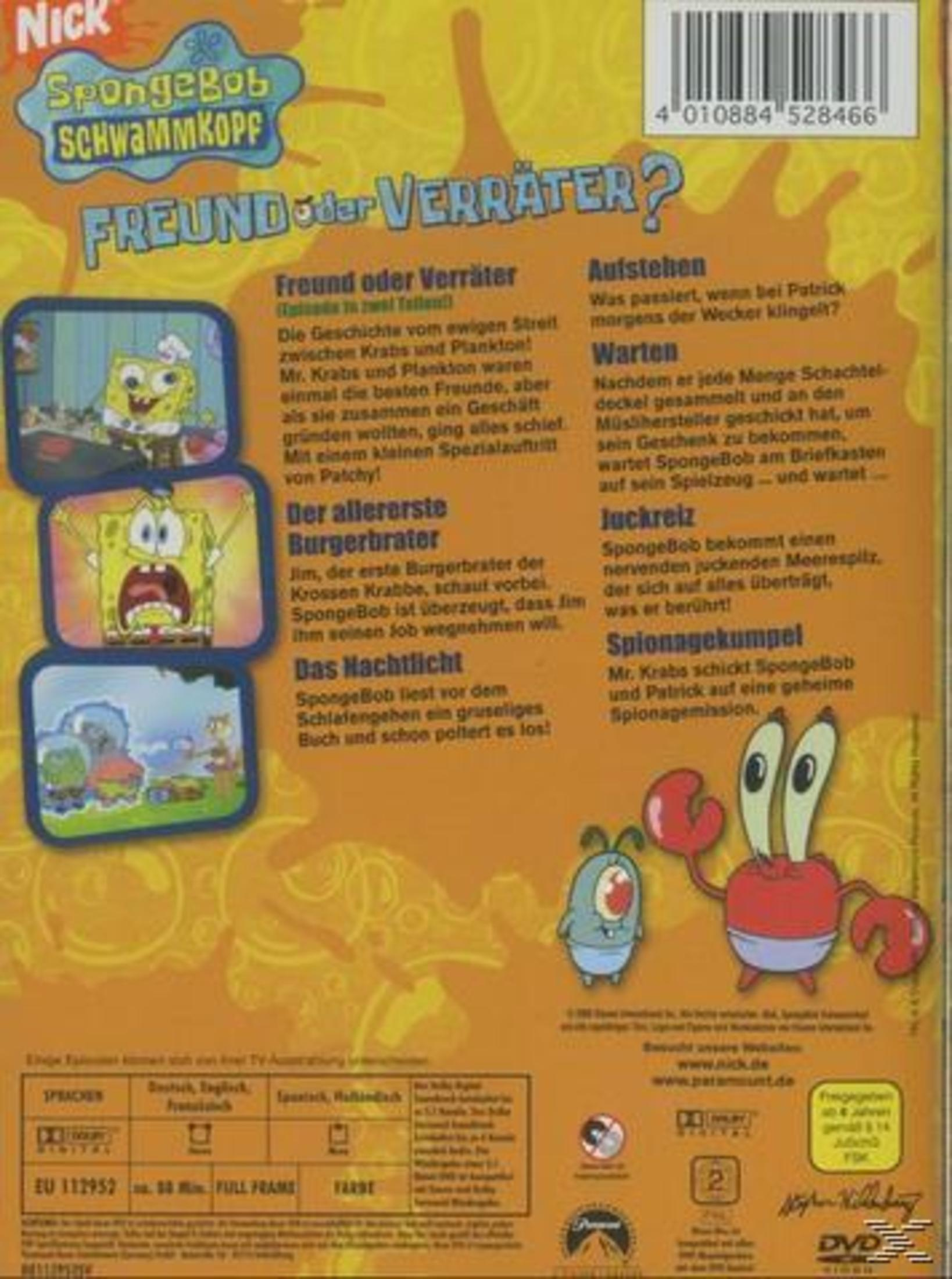 SpongeBob Schwammkopf DVD-Rückseite mit Charakterbildern, deutschem Text und Episodenbeschreibungen.